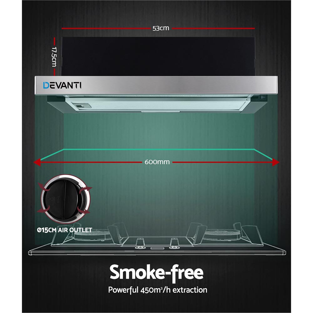 Devanti Rangehood Range Hood Stainless Steel Slide Out Kitchen Canopy 60cm 600mm Black