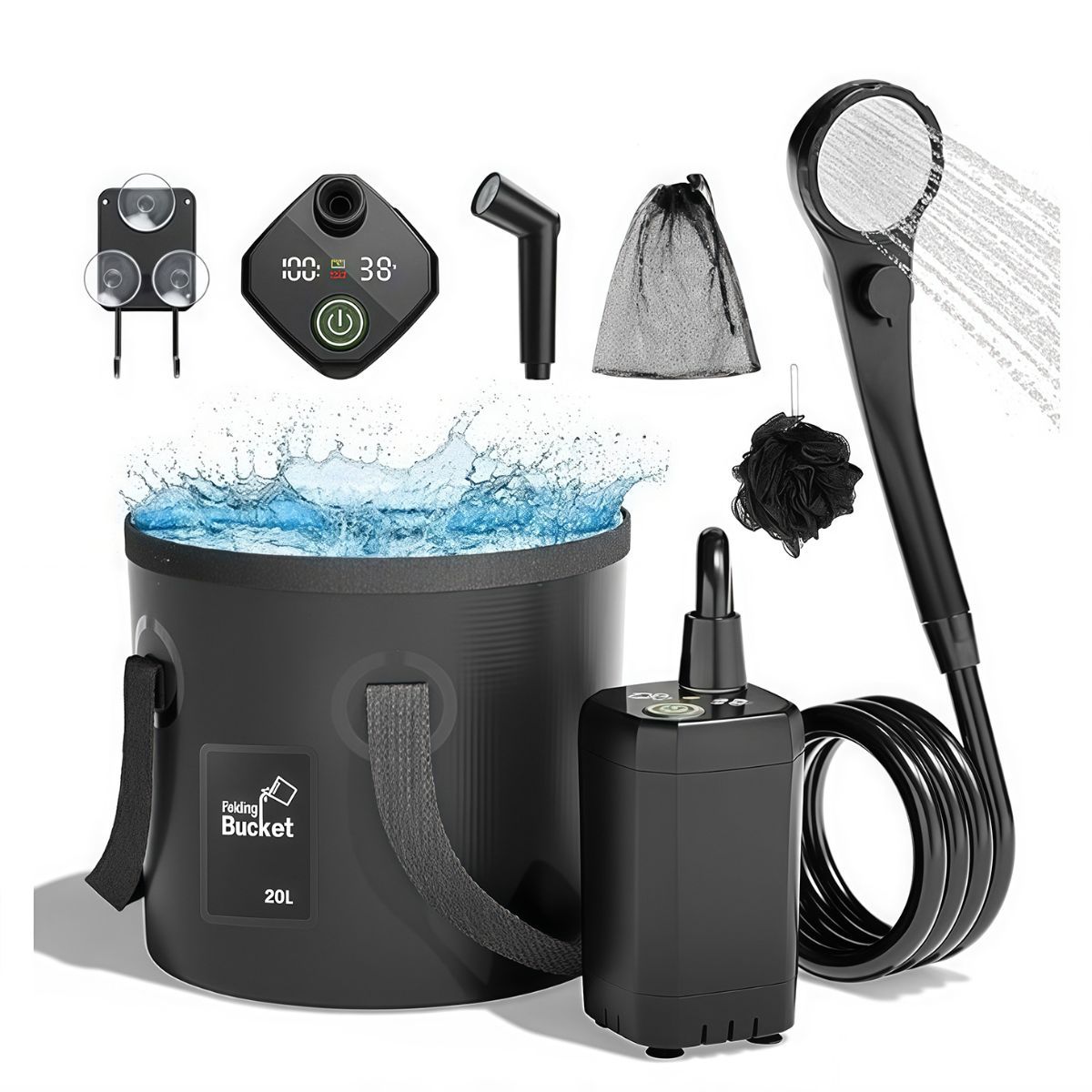 Portable Camping Shower, 6000mAh Rechargeable Outdoor Shower Pump 4 Spray Modes & Speeds, Ipx7 Waterproof, LED Display, Portable Shower for Camping, Car & Pet - Gray - Size 5.3-gallon bucket and spray gun
