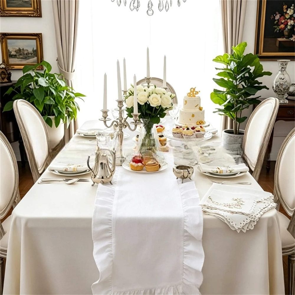 White Ruffled Table Runner Elegant Long Strip Mat for Coffee Table Tea Table Dining Table TV Cabin Holiday Home Decor Party Centerpiece Dining Room Buff Console Shelf Home Gathering Tea Space