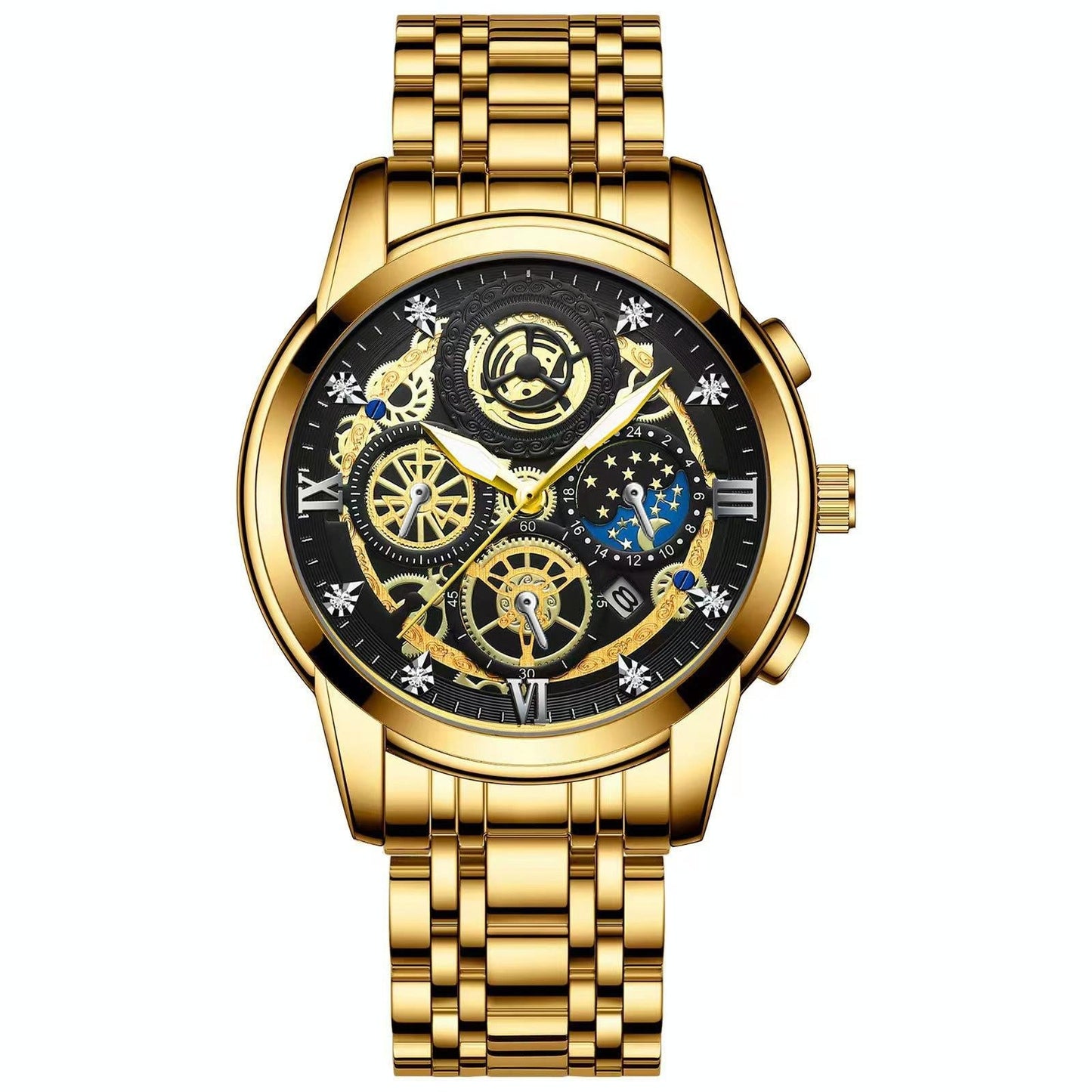 Waterproof Luminous Quartz Watch with Multifunctional Design - Full Gold Gold Surface