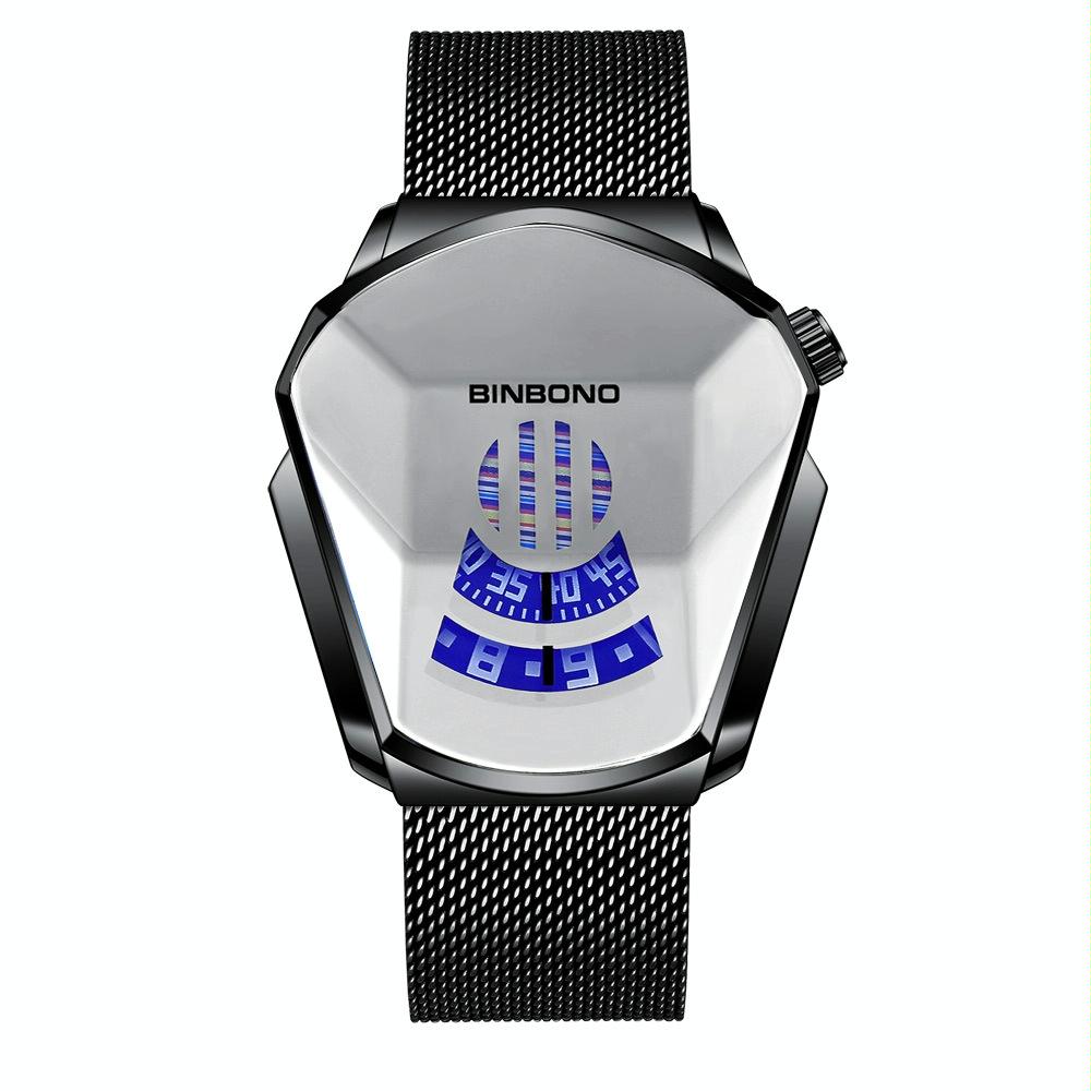 Black Technology Men Watch with Locomotive Concept - Gold Net Belt-Full Gold-Gold Face