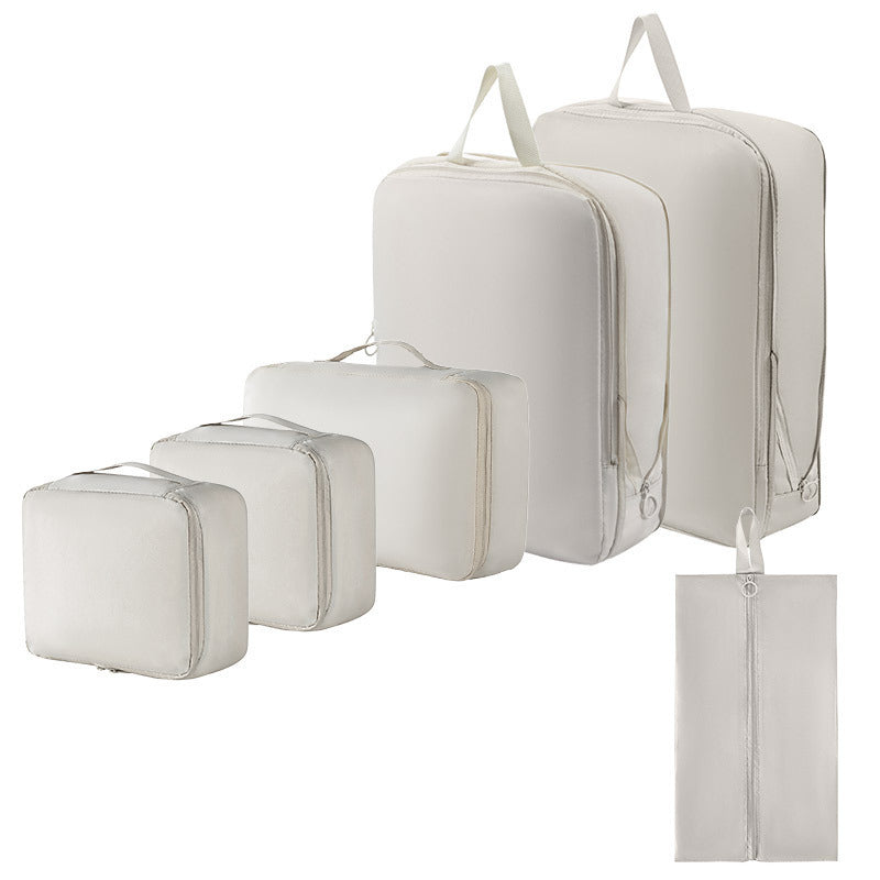 6-Piece Off-White Memory Fabric Travel Compression Packing Cubes Set - Waterproof, Anti-Wrinkle Luggage Organizer & Space Saver