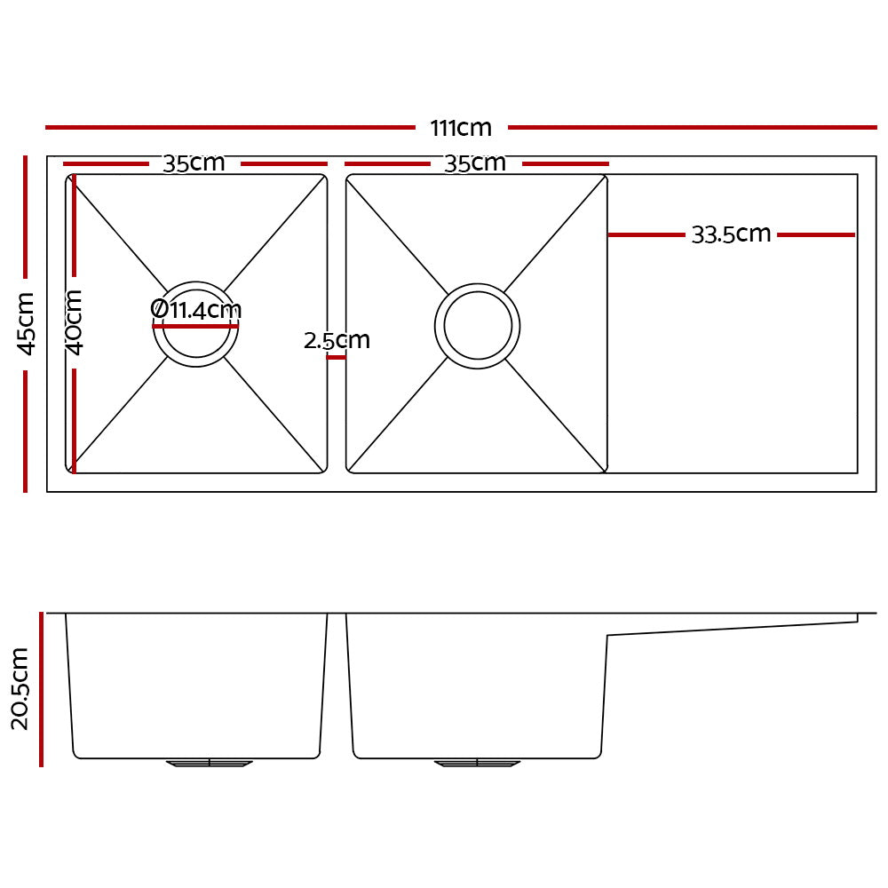 Cefito 111cm x 45cm Stainless Steel Kitchen Sink Under/Top/Flush Mount Silver