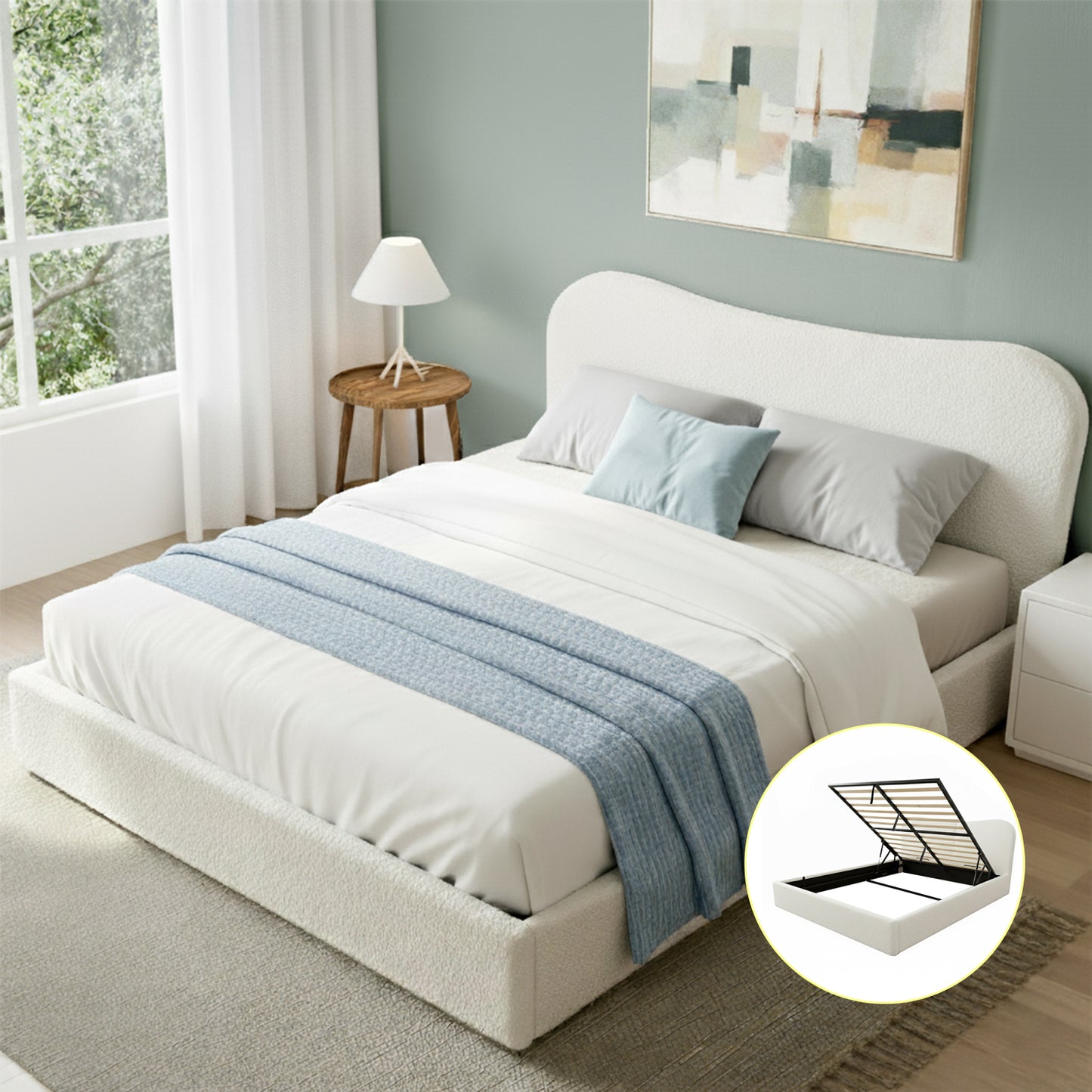 Artiss Queen Bed Frame with Gaslift Storage Wooden Platform Mattress Base Boucle Upholstered White