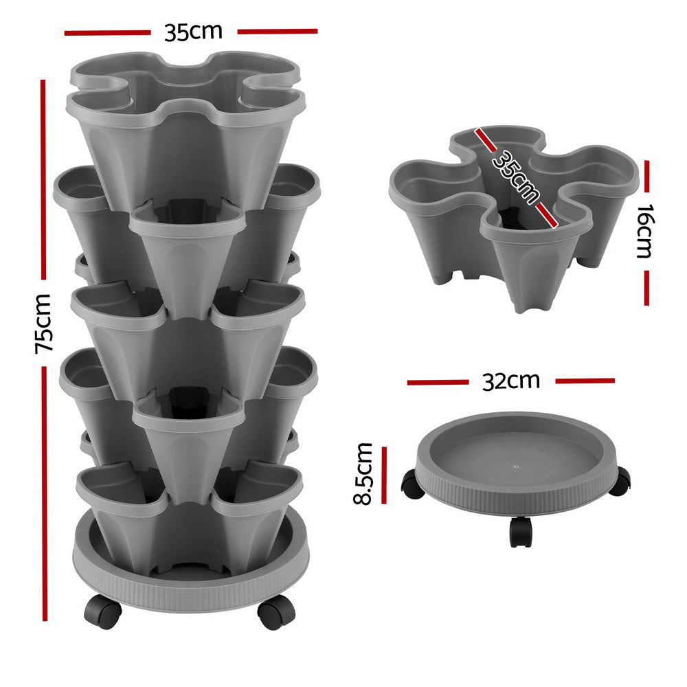 Green Fingers Raised Garden Bed 5 Tier Vertical Garden Grey Strawberry Stackable Planters Herbs Petunias