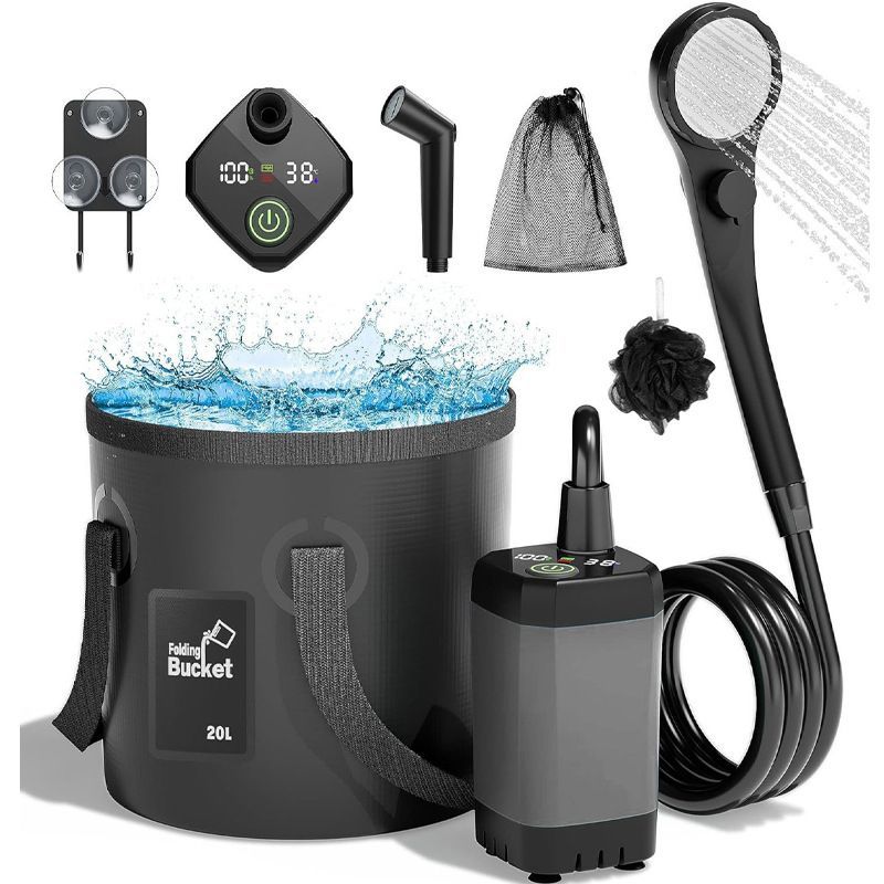 Portable Camping Shower, 6000mAh Rechargeable Outdoor Shower Pump 4 Spray Modes & Speeds, Ipx7 Waterproof, LED Display, Portable Shower for Camping, Car & Pet - Black - Size 5.3-gallon bucket and spray gun