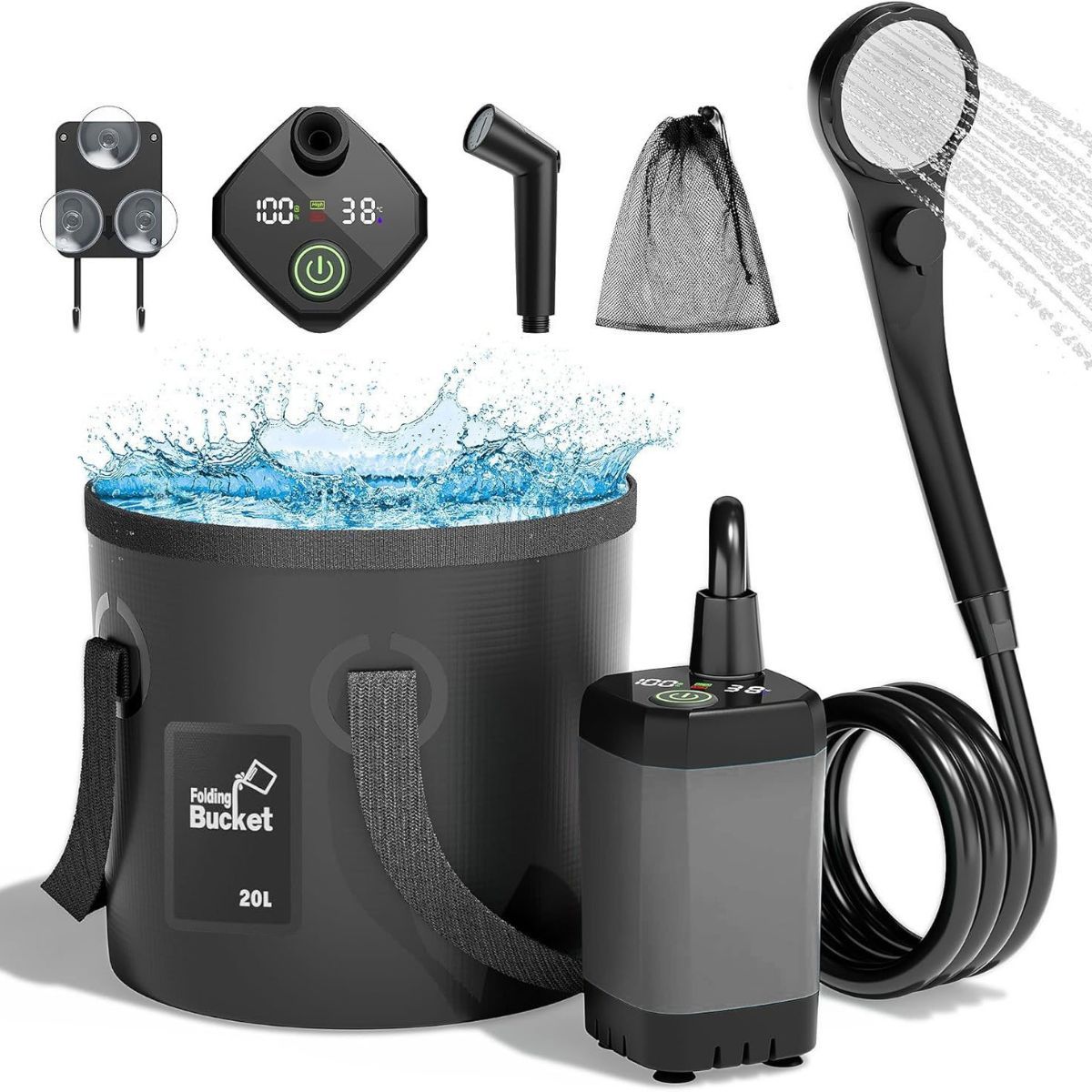 Portable Camping Shower, 6000mAh Rechargeable Outdoor Shower Pump 4 Spray Modes & Speeds, Ipx7 Waterproof, LED Display, Portable Shower for Camping, Car & Pet - Gray - Size 5.3-gallon bucket and spray gun