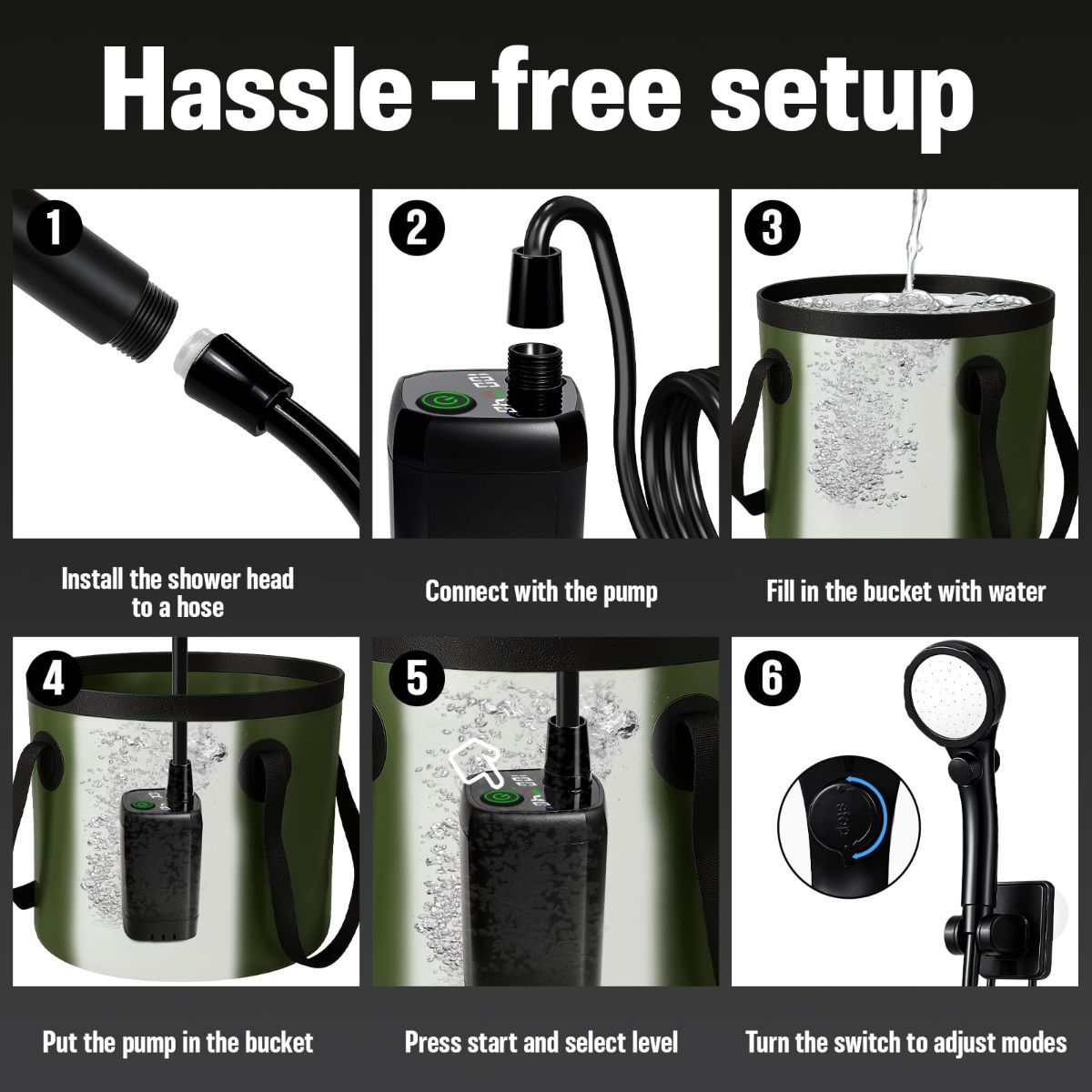 Portable Camping Shower, 6000mAh Rechargeable Outdoor Shower Pump 4 Spray Modes & Speeds, Ipx7 Waterproof, LED Display, Portable Shower for Camping, Car & Pet - Gray - Size 5.3-gallon bucket and spray gun