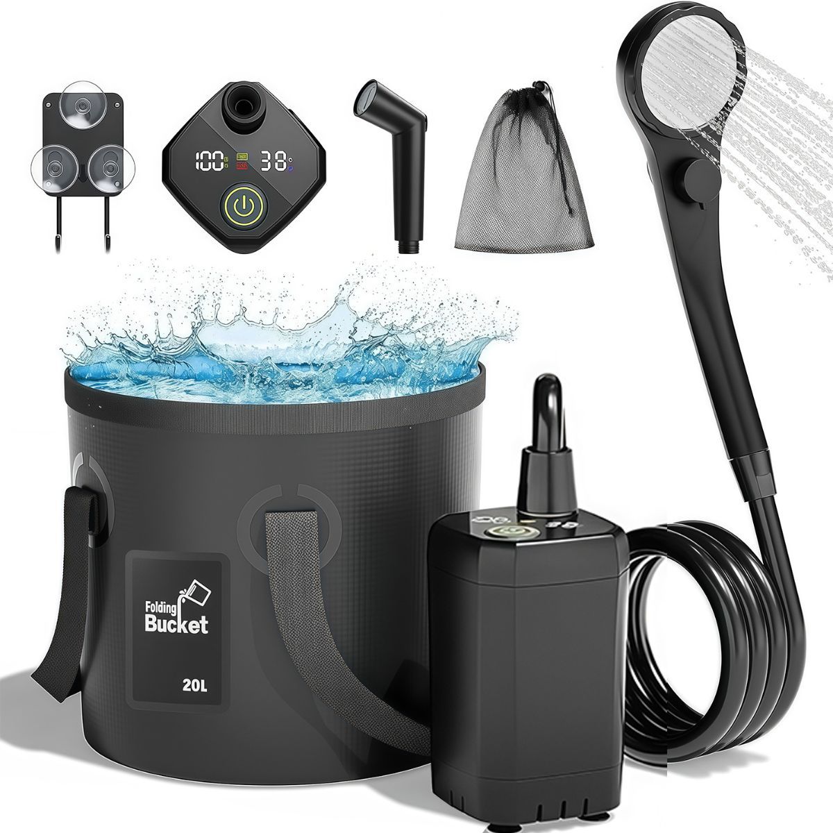 Portable Camping Shower, 6000mAh Rechargeable Outdoor Shower Pump 4 Spray Modes & Speeds, Ipx7 Waterproof, LED Display, Portable Shower for Camping, Car & Pet - Gray - Size 5.3-gallon bucket and spray gun