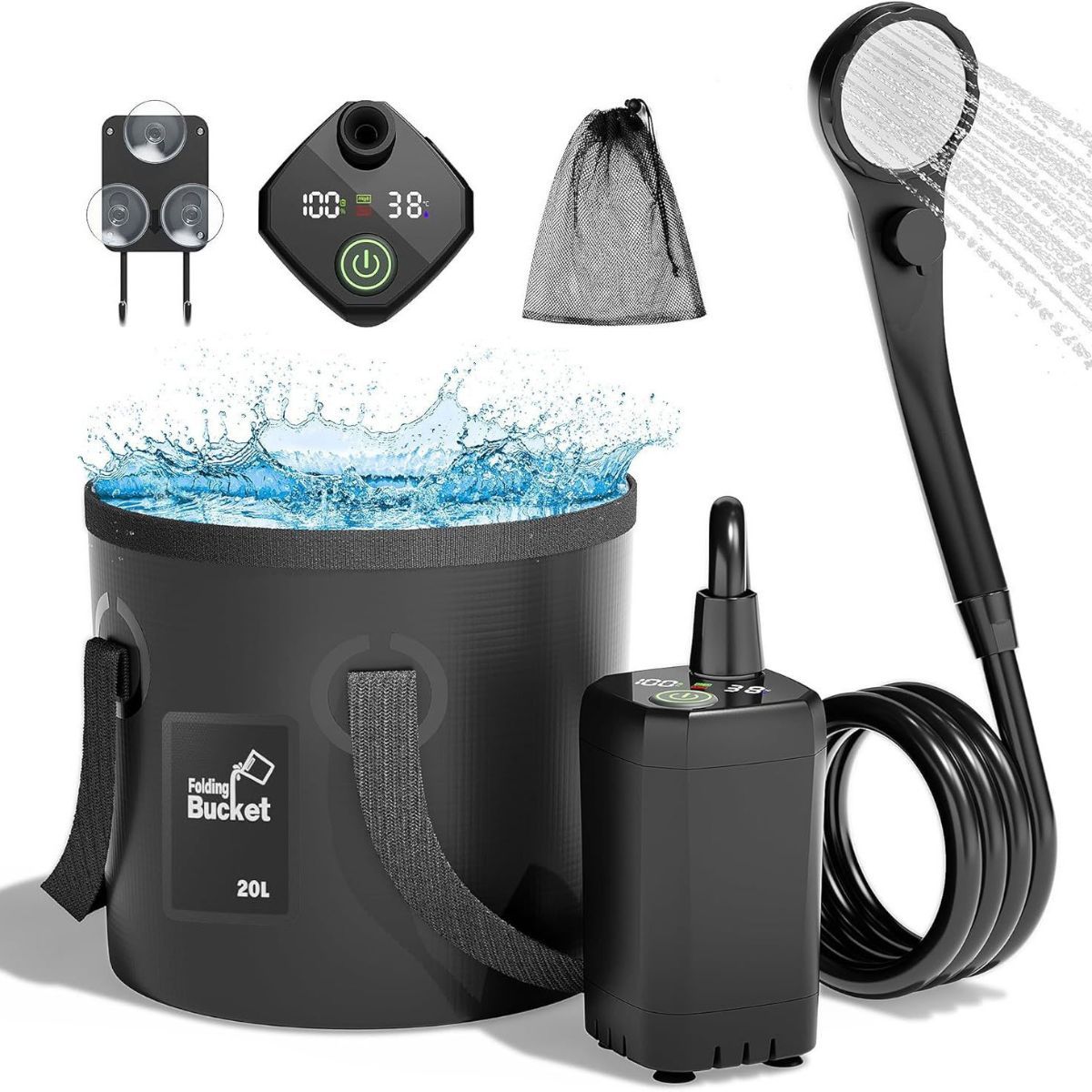 Portable Camping Shower, 6000mAh Rechargeable Outdoor Shower Pump 4 Spray Modes & Speeds, Ipx7 Waterproof, LED Display, Portable Shower for Camping, Car & Pet - Gray - Size 5.3-gallon bucket and spray gun