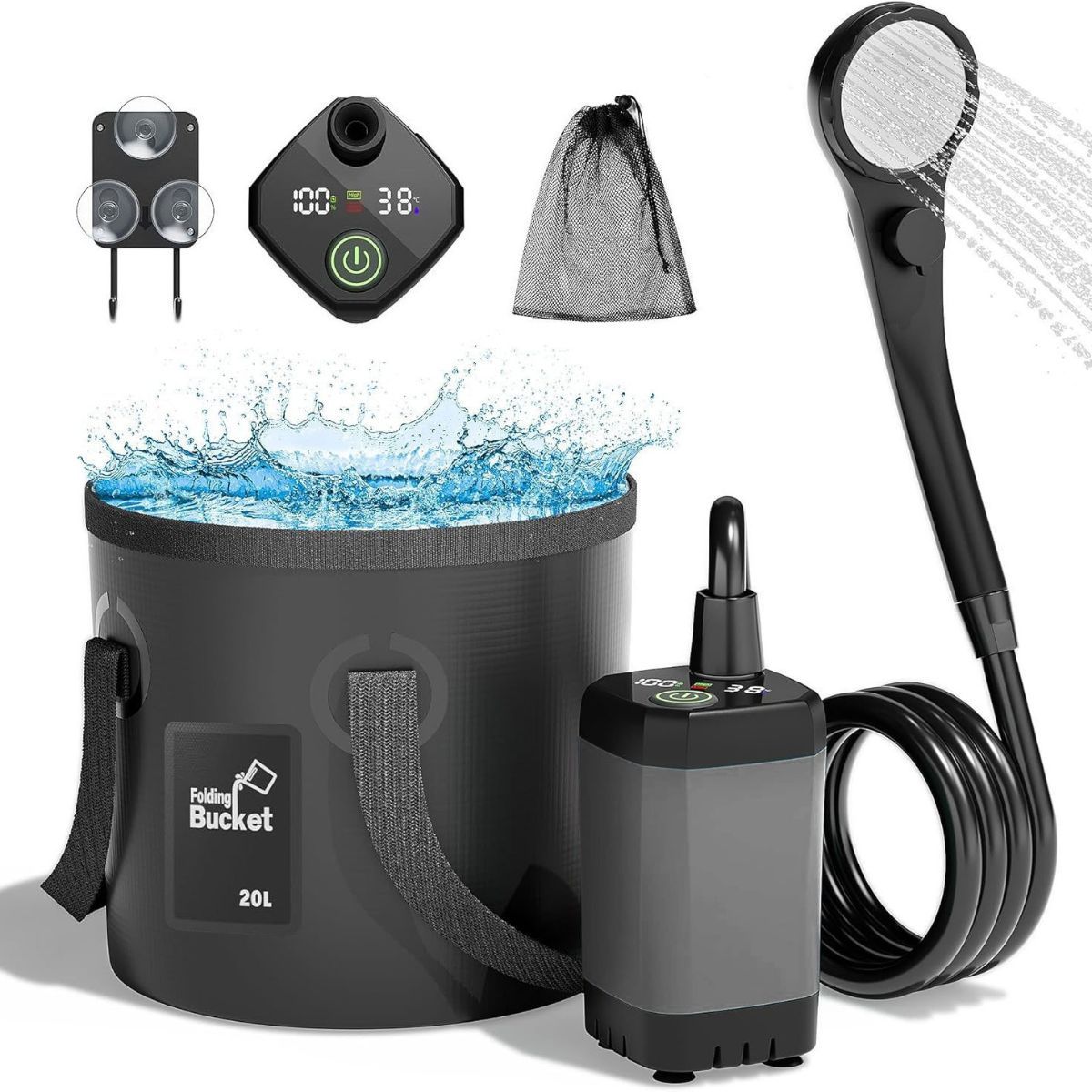 Portable Camping Shower, 6000mAh Rechargeable Outdoor Shower Pump 4 Spray Modes & Speeds, Ipx7 Waterproof, LED Display, Portable Shower for Camping, Car & Pet - Gray - Size 5.3-gallon bucket and spray gun