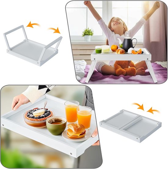 Folding table - Multifunctional folding table for home - Folding bamboo bedside table - Can be used as a dining table, TV table, laptop table, snack table, sofa table or work table - White