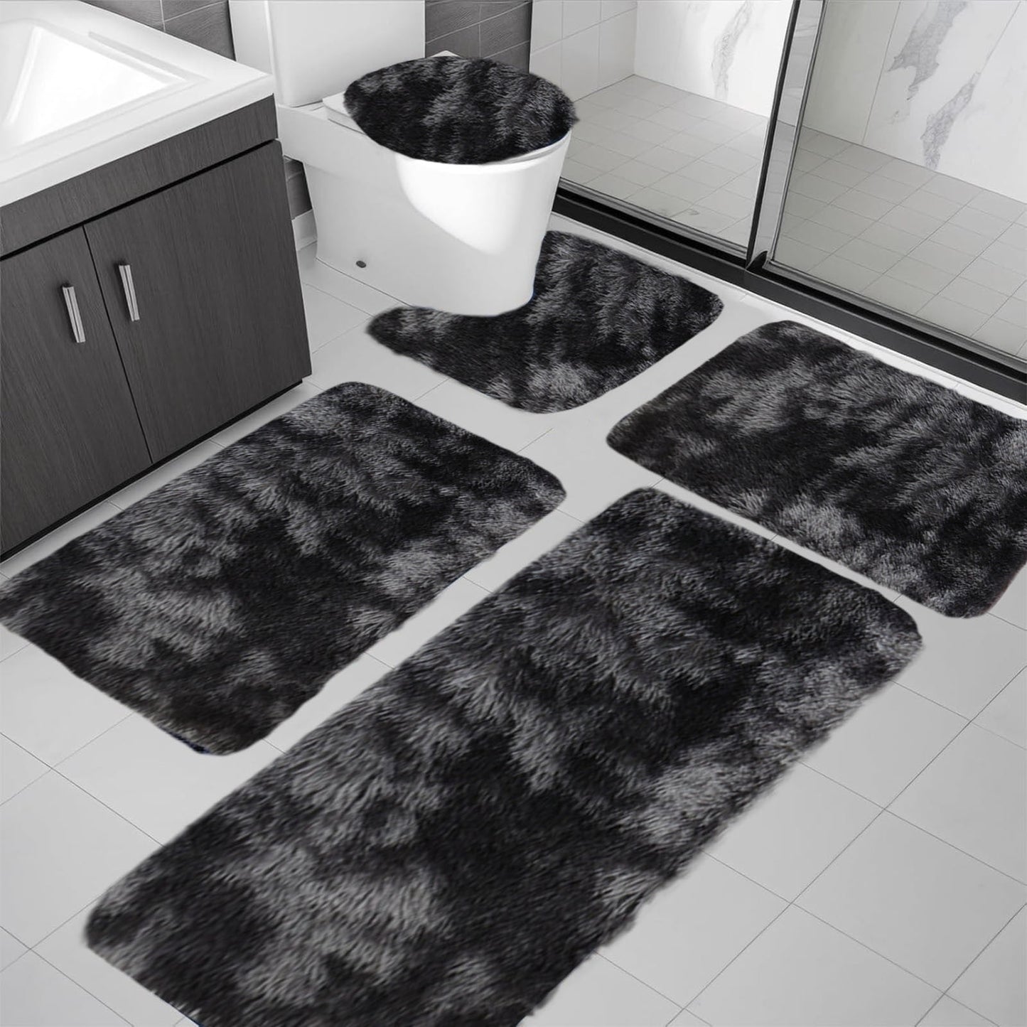PALIFEUR Tie-Dye Bathroom Rugs Sets, Non-Slip Bath Mat Set 5 Piece, Soft Comfortable Washable Bathroom Mat Set, Quicker Dry Bathroom Rug with Toilet Rug Black