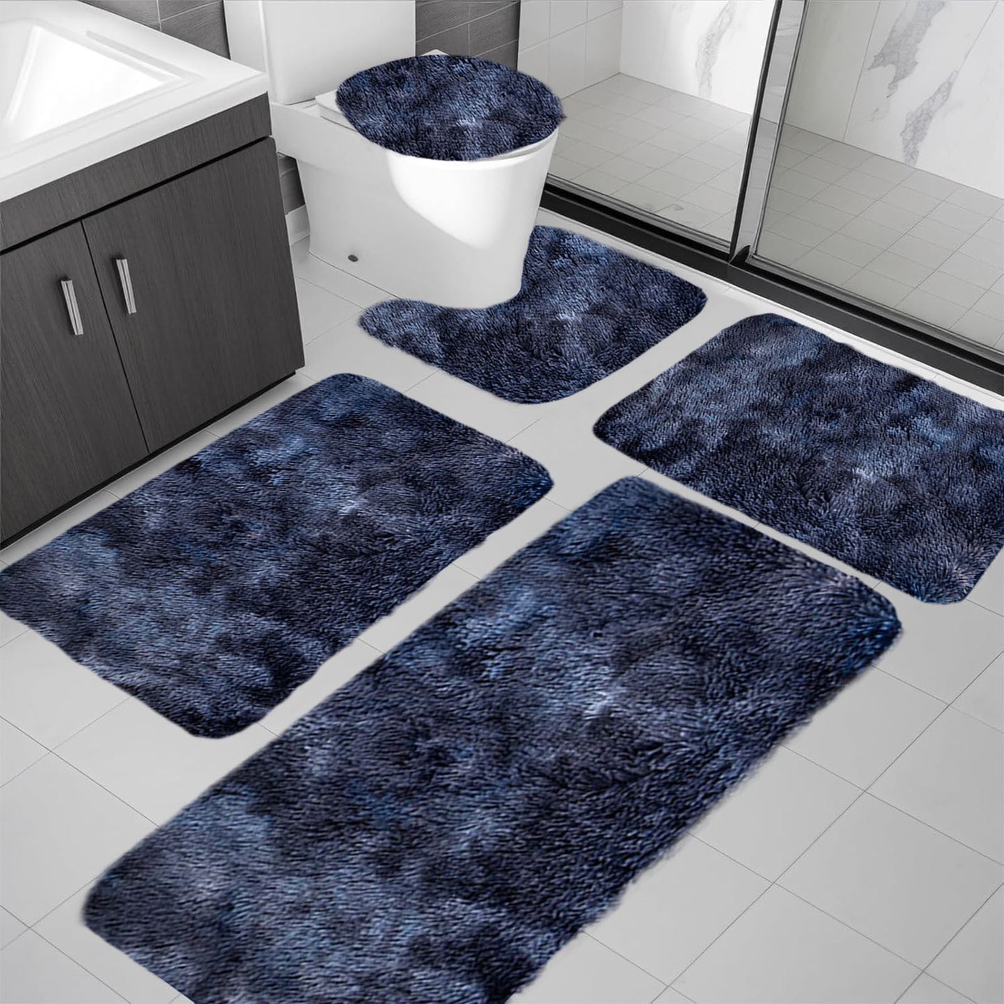 PALIFEUR Tie-Dye Bathroom Rugs Sets, Non-Slip Bath Mat Set 5 Piece, Soft Comfortable Washable Bathroom Mat Set, Quicker Dry Bathroom Rug with Toilet Rug Dark Blue
