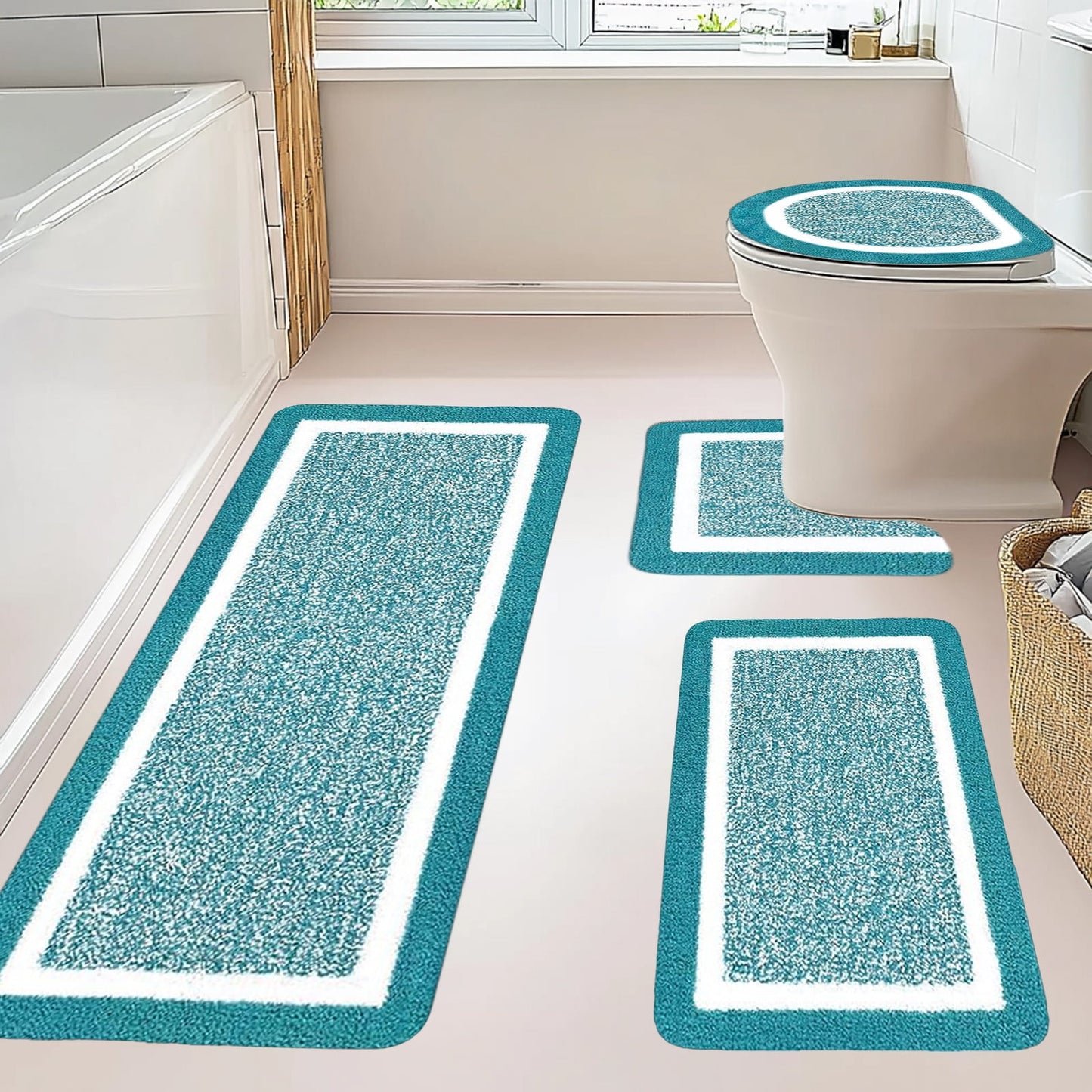 PALIFEUR Bathroom Rugs Sets, Non-Slip Bath Mat Set 4 Piece, Soft Comfortable Washable Bathroom Mat Set, Quicker Dry Bathroom Rug with Toilet Rug Blue