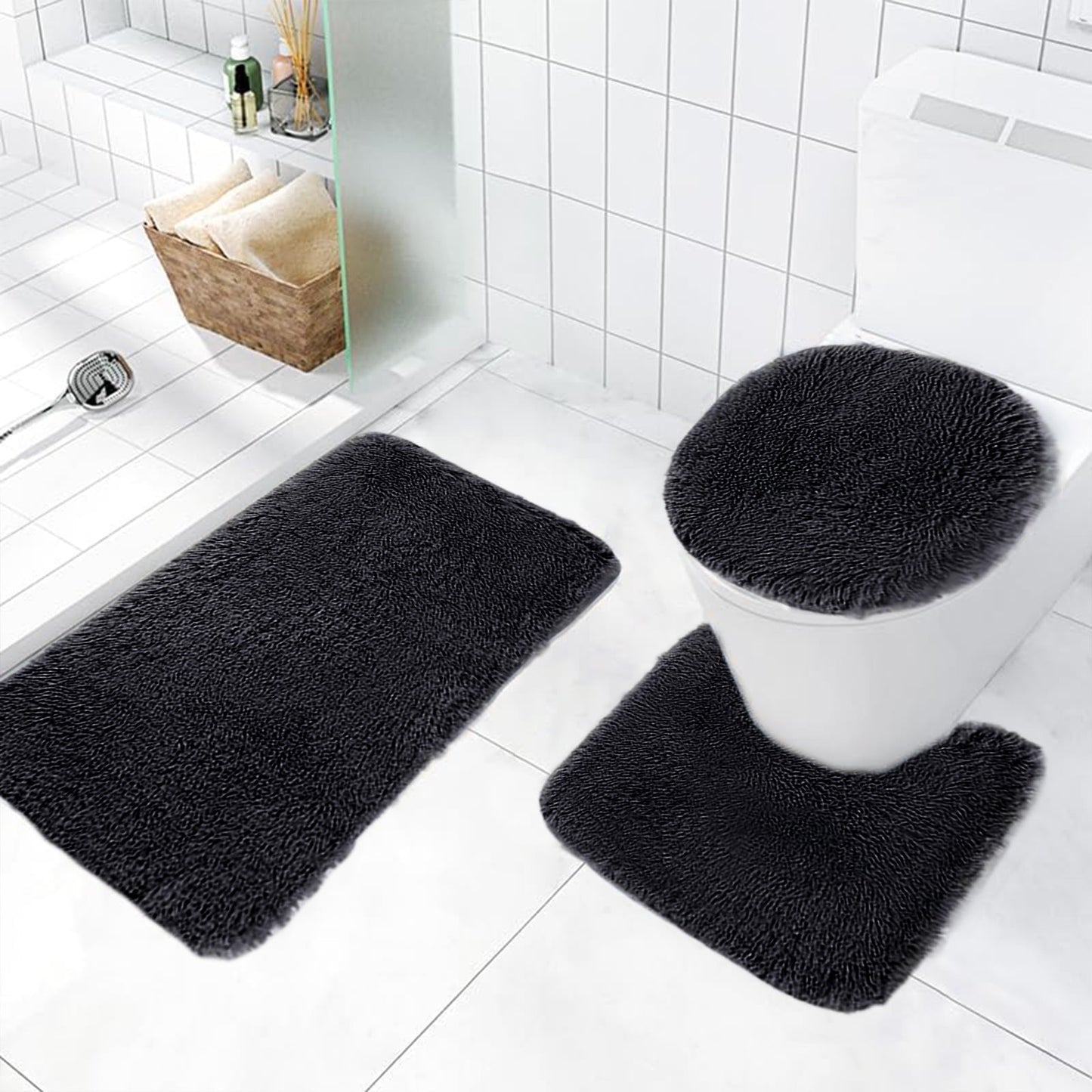 PALIFEUR Bathroom Rugs Sets, Non-Slip Bath Mat Set 3 Piece, Soft Comfortable Washable Bathroom Mat Set, Quicker Dry Bathroom Rug with Toilet Rug Black