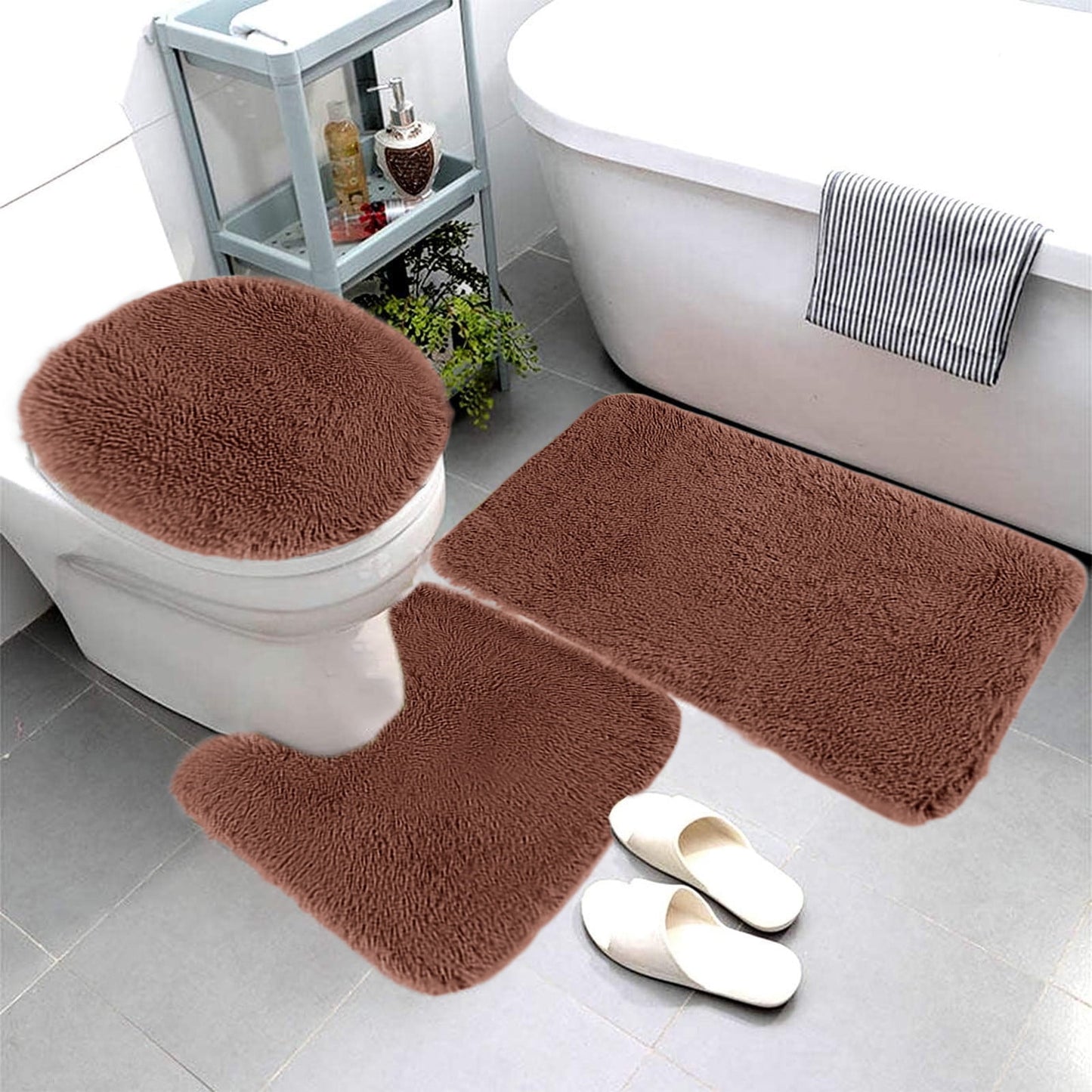 PALIFEUR Bathroom Rugs Sets, Non-Slip Bath Mat Set 3 Piece, Soft Comfortable Washable Bathroom Mat Set, Quicker Dry Bathroom Rug with Toilet Rug Brown