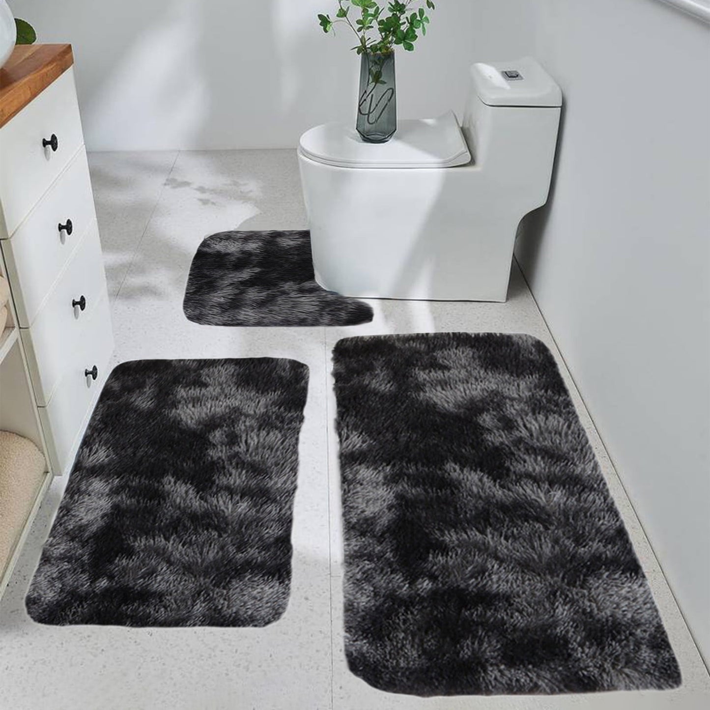 Tyidzon 5Pc Bath Mats for Bathroom, Quick-Dry Bathroom Rugs Sets Washable Non-Slip Bath Mat Ultra Soft Absorbent with U-Shaped Toilet for Bathroom, Tub, Shower, Gray 01-Black
