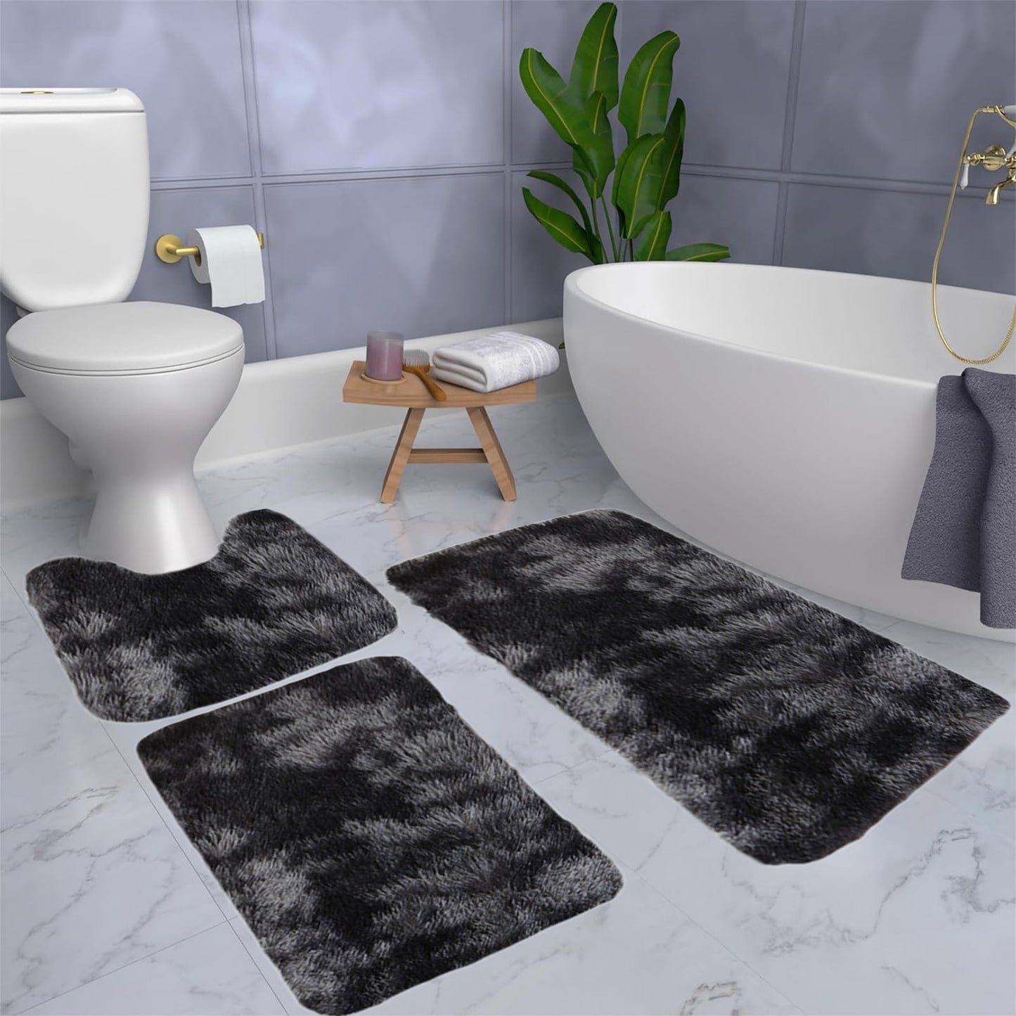 Tyidzon 5Pc Bath Mats for Bathroom, Quick-Dry Bathroom Rugs Sets Washable Non-Slip Bath Mat Ultra Soft Absorbent with U-Shaped Toilet for Bathroom, Tub, Shower, Gray 01-Black