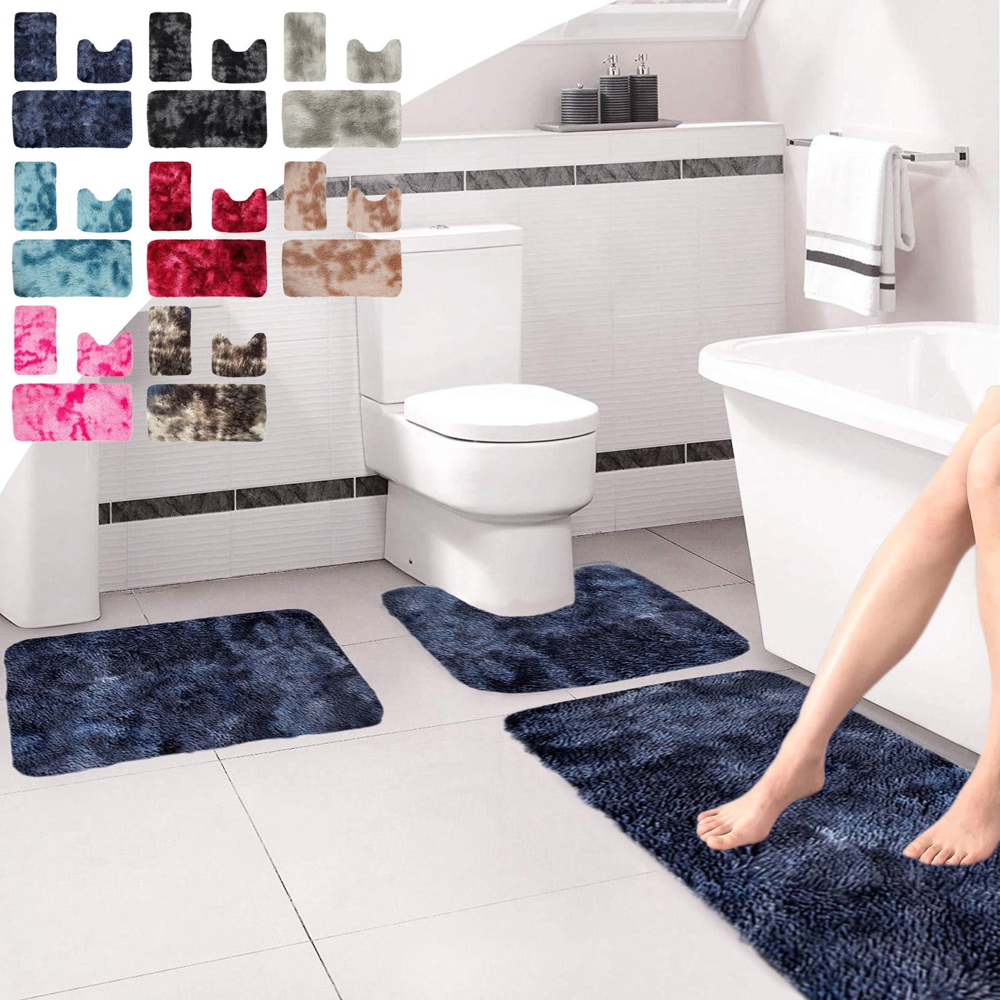Tyidzon 5Pc Bath Mats for Bathroom, Quick-Dry Bathroom Rugs Sets Washable Non-Slip Bath Mat Ultra Soft Absorbent with U-Shaped Toilet for Bathroom, Tub, Shower, Gray 01-Blue