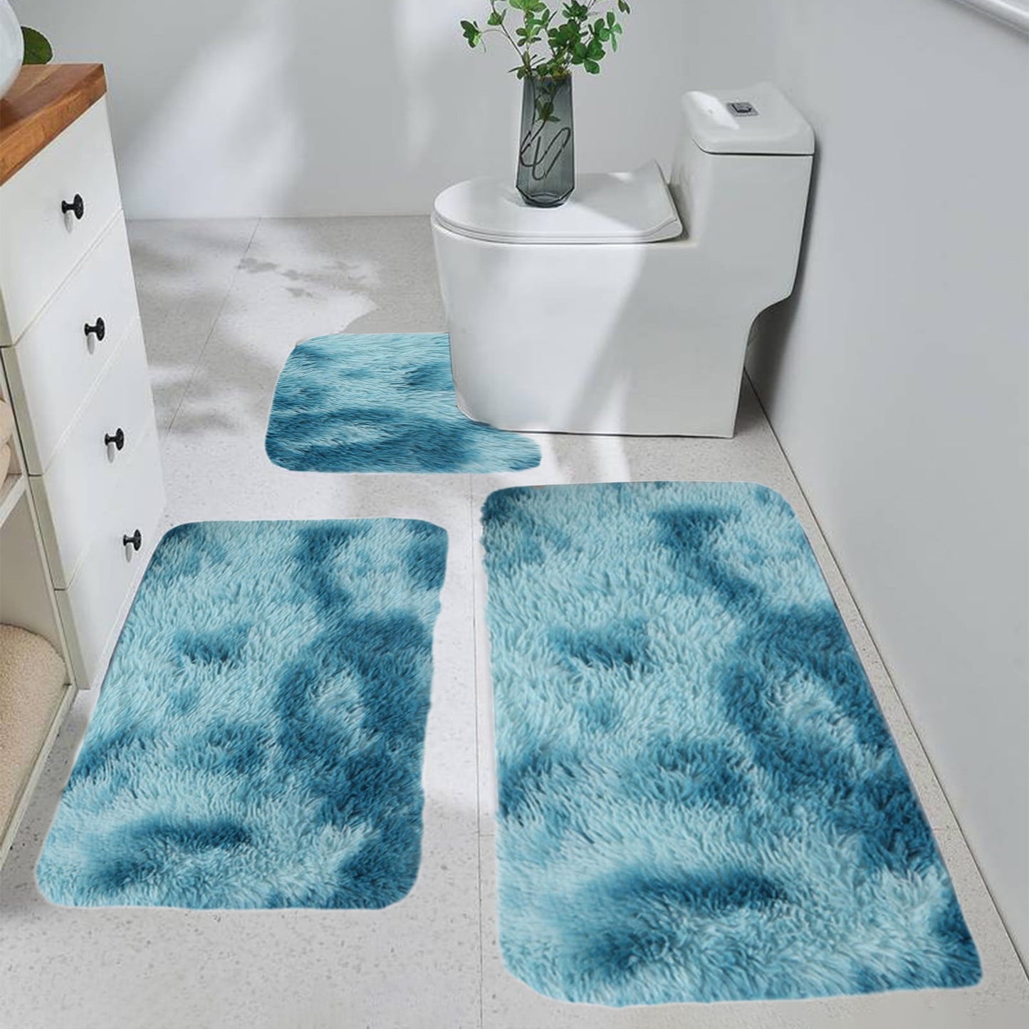 Tyidzon 5Pc Bath Mats for Bathroom, Quick-Dry Bathroom Rugs Sets Washable Non-Slip Bath Mat Ultra Soft Absorbent with U-Shaped Toilet for Bathroom, Tub, Shower, Gray 01-Blue
