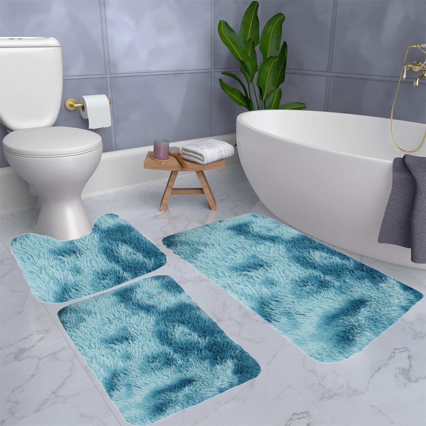 Tyidzon 5Pc Bath Mats for Bathroom, Quick-Dry Bathroom Rugs Sets Washable Non-Slip Bath Mat Ultra Soft Absorbent with U-Shaped Toilet for Bathroom, Tub, Shower, Gray 01-Blue