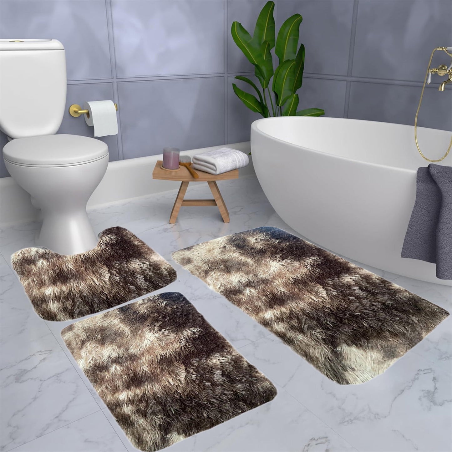 Tyidzon 5Pc Bath Mats for Bathroom, Quick-Dry Bathroom Rugs Sets Washable Non-Slip Bath Mat Ultra Soft Absorbent with U-Shaped Toilet for Bathroom, Tub, Shower, Gray 01-Brown