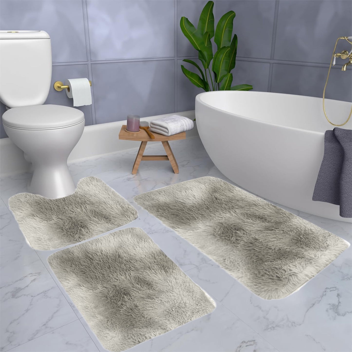 Tyidzon 5Pc Bath Mats for Bathroom, Quick-Dry Bathroom Rugs Sets Washable Non-Slip Bath Mat Ultra Soft Absorbent with U-Shaped Toilet for Bathroom, Tub, Shower, Gray 01-Gray