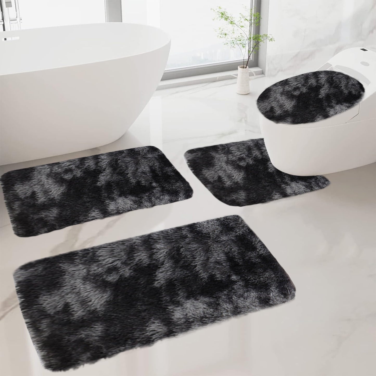 Tyidzon 5Pc Bath Mats for Bathroom, Quick-Dry Bathroom Rugs Sets Washable Non-Slip Bath Mat Ultra Soft Absorbent with U-Shaped Toilet for Bathroom, Tub, Shower, Gray 02-Black