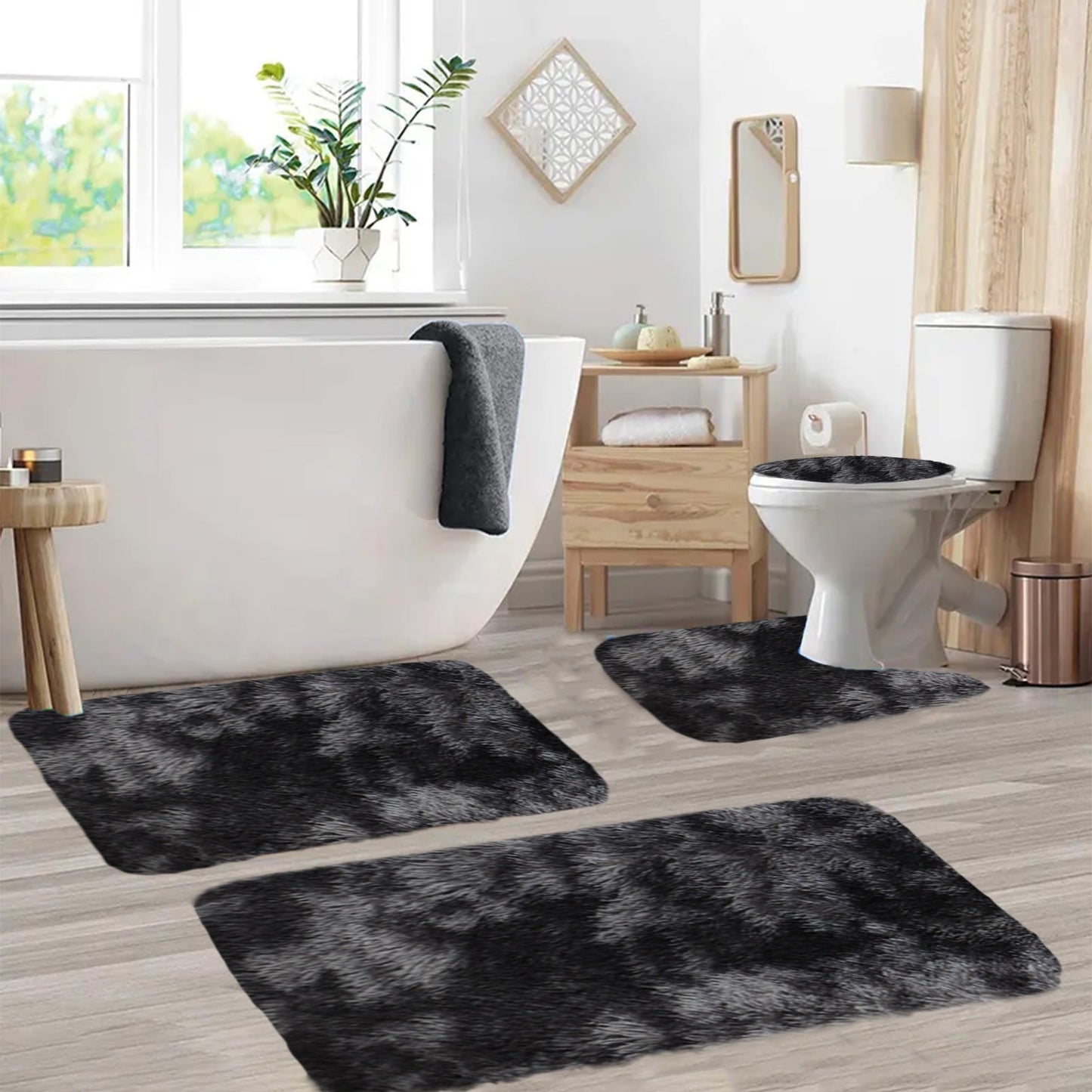 Tyidzon 5Pc Bath Mats for Bathroom, Quick-Dry Bathroom Rugs Sets Washable Non-Slip Bath Mat Ultra Soft Absorbent with U-Shaped Toilet for Bathroom, Tub, Shower, Gray 02-Black