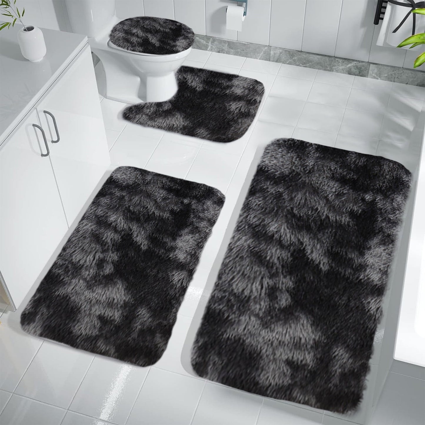 Tyidzon 5Pc Bath Mats for Bathroom, Quick-Dry Bathroom Rugs Sets Washable Non-Slip Bath Mat Ultra Soft Absorbent with U-Shaped Toilet for Bathroom, Tub, Shower, Gray 02-Black