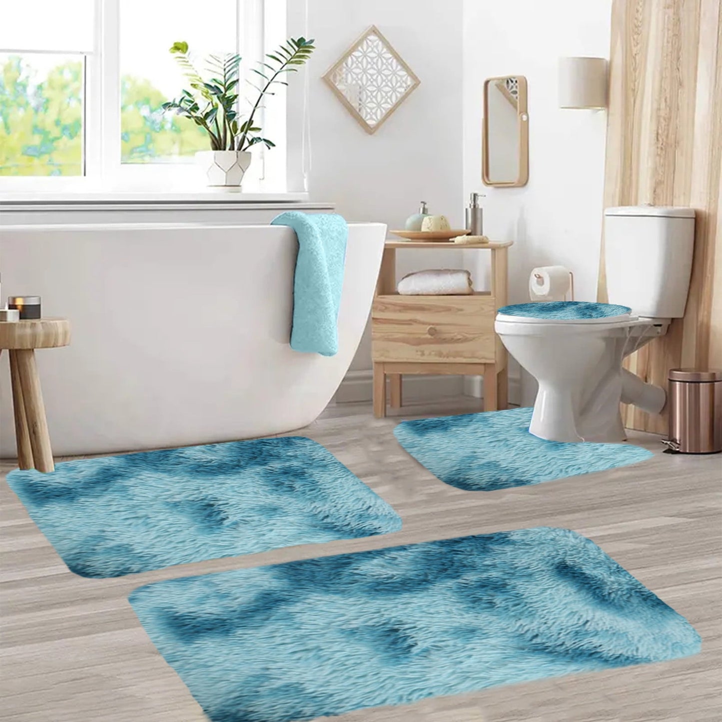 Tyidzon 5Pc Bath Mats for Bathroom, Quick-Dry Bathroom Rugs Sets Washable Non-Slip Bath Mat Ultra Soft Absorbent with U-Shaped Toilet for Bathroom, Tub, Shower, Gray 02-Blue