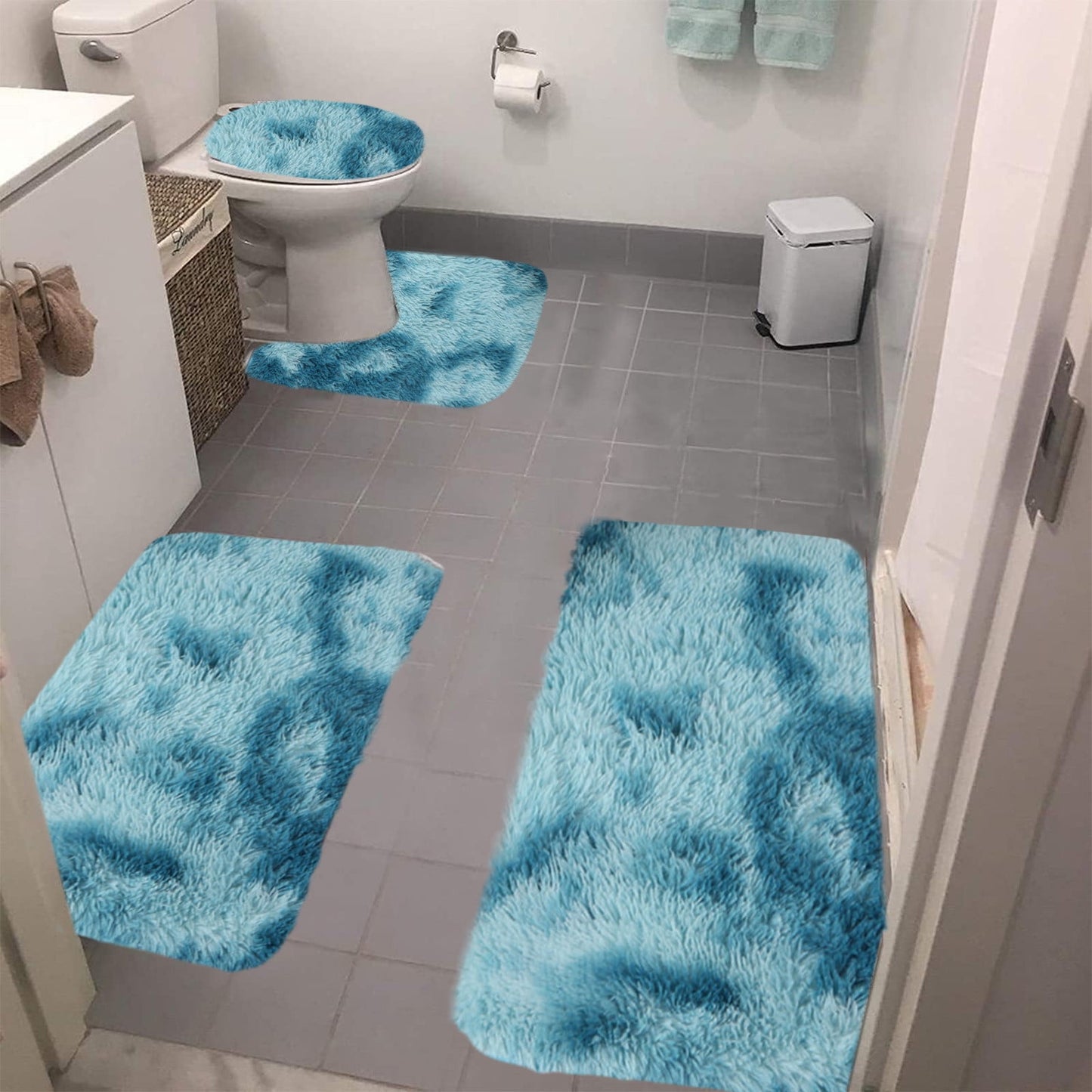 Tyidzon 5Pc Bath Mats for Bathroom, Quick-Dry Bathroom Rugs Sets Washable Non-Slip Bath Mat Ultra Soft Absorbent with U-Shaped Toilet for Bathroom, Tub, Shower, Gray 02-Blue
