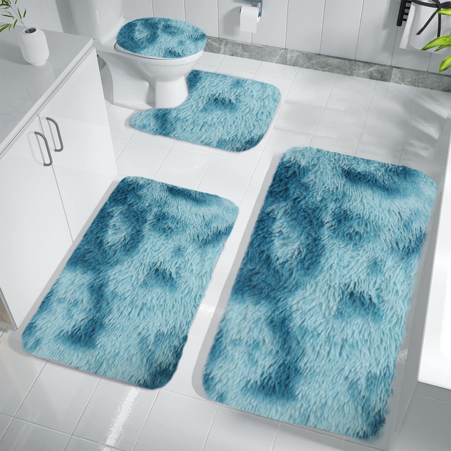 Tyidzon 5Pc Bath Mats for Bathroom, Quick-Dry Bathroom Rugs Sets Washable Non-Slip Bath Mat Ultra Soft Absorbent with U-Shaped Toilet for Bathroom, Tub, Shower, Gray 02-Blue
