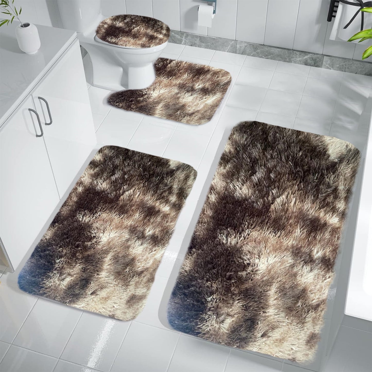Tyidzon 5Pc Bath Mats for Bathroom, Quick-Dry Bathroom Rugs Sets Washable Non-Slip Bath Mat Ultra Soft Absorbent with U-Shaped Toilet for Bathroom, Tub, Shower, Gray 02-Brown