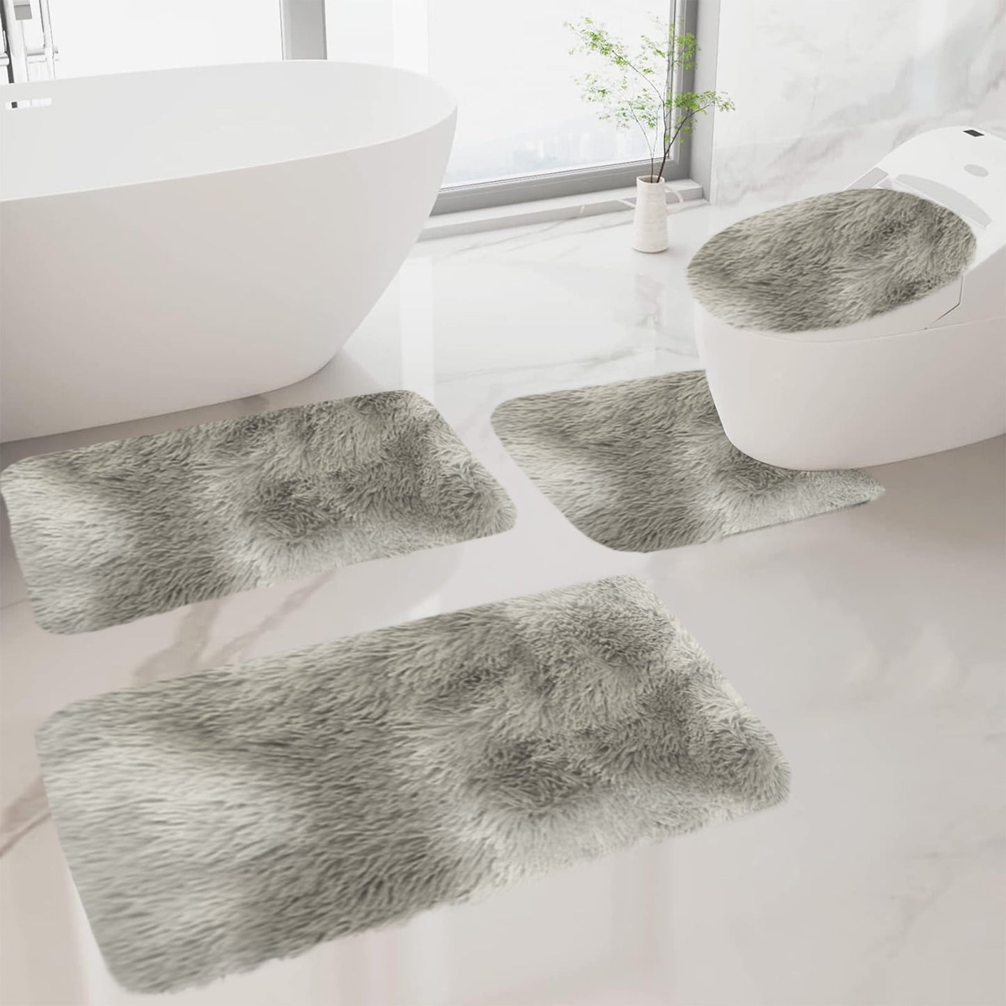 Tyidzon 5Pc Bath Mats for Bathroom, Quick-Dry Bathroom Rugs Sets Washable Non-Slip Bath Mat Ultra Soft Absorbent with U-Shaped Toilet for Bathroom, Tub, Shower, Gray 02-Gray