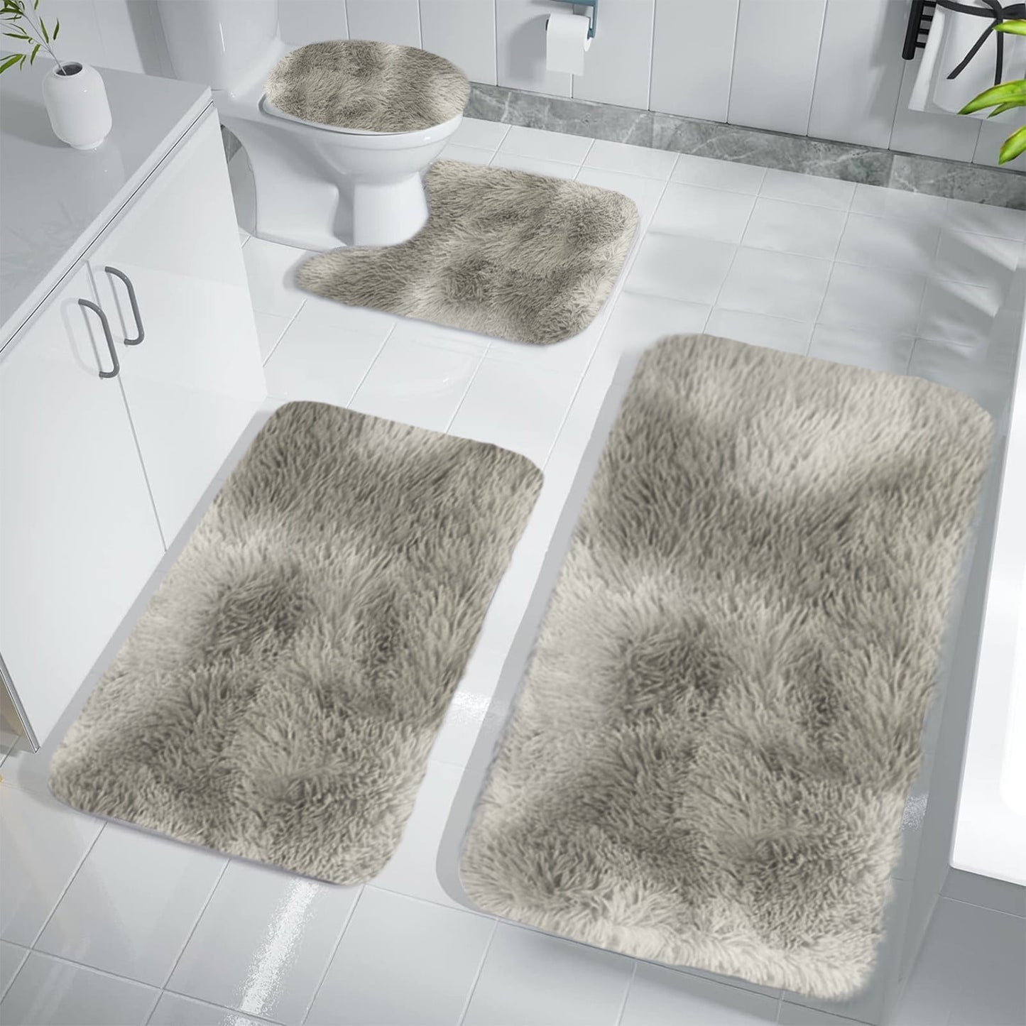 Tyidzon 5Pc Bath Mats for Bathroom, Quick-Dry Bathroom Rugs Sets Washable Non-Slip Bath Mat Ultra Soft Absorbent with U-Shaped Toilet for Bathroom, Tub, Shower, Gray 02-Gray