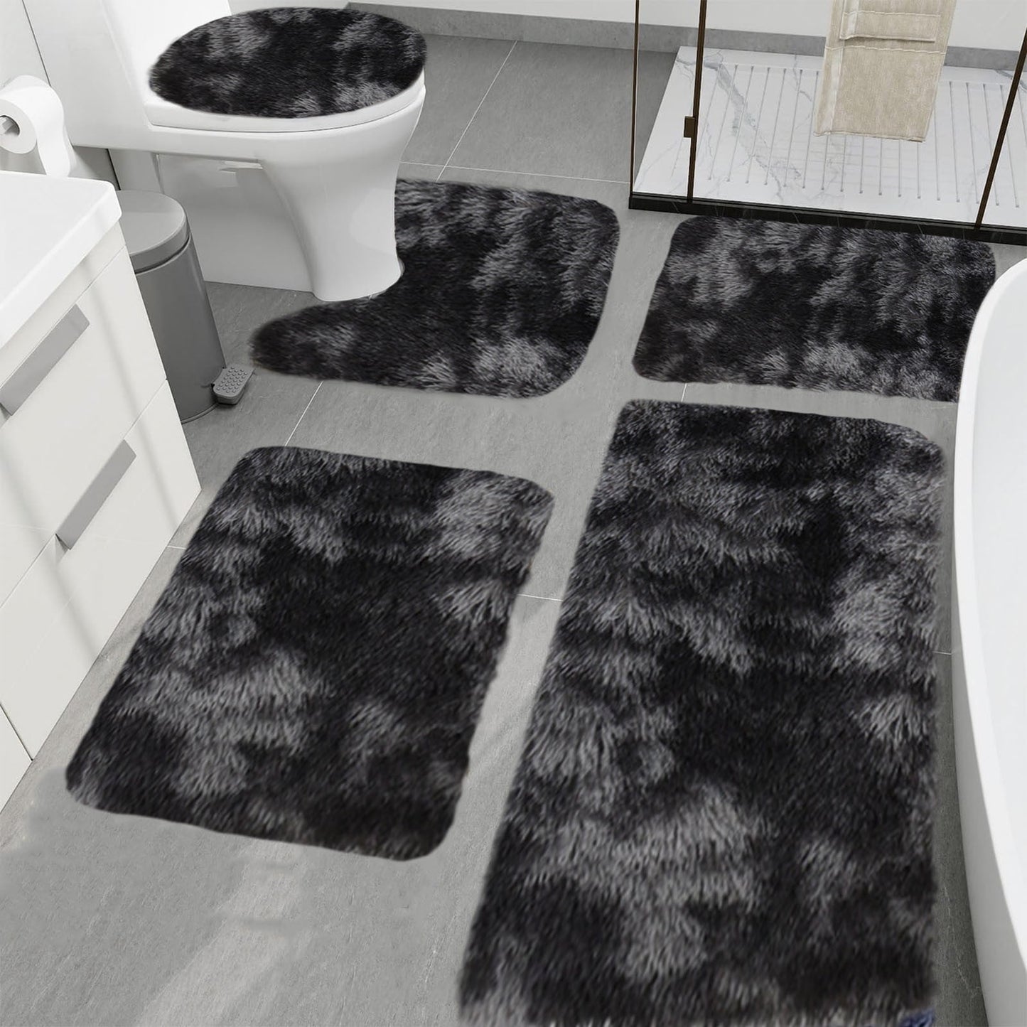 Tyidzon 5Pc Bath Mats for Bathroom, Quick-Dry Bathroom Rugs Sets Washable Non-Slip Bath Mat Ultra Soft Absorbent with U-Shaped Toilet for Bathroom, Tub, Shower, Gray 03-Black
