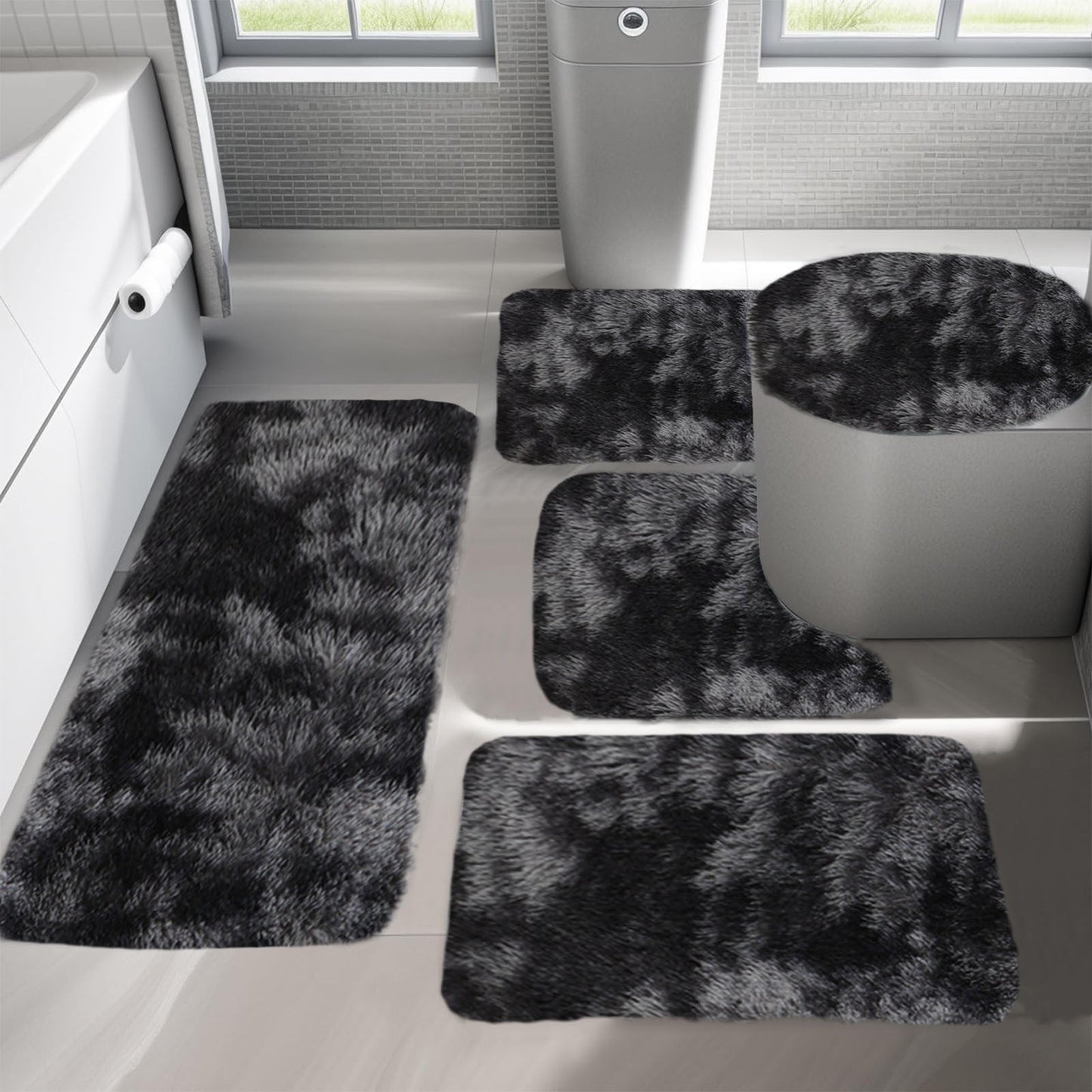 Tyidzon 5Pc Bath Mats for Bathroom, Quick-Dry Bathroom Rugs Sets Washable Non-Slip Bath Mat Ultra Soft Absorbent with U-Shaped Toilet for Bathroom, Tub, Shower, Gray 03-Black