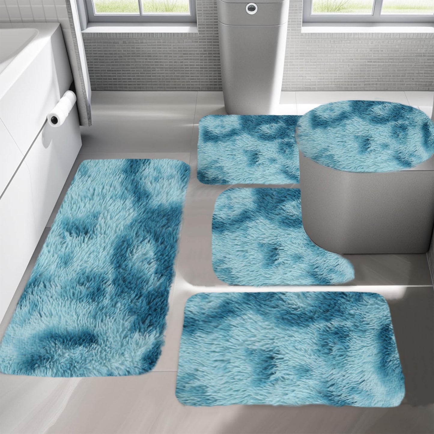 Tyidzon 5Pc Bath Mats for Bathroom, Quick-Dry Bathroom Rugs Sets Washable Non-Slip Bath Mat Ultra Soft Absorbent with U-Shaped Toilet for Bathroom, Tub, Shower, Gray 03-Blue
