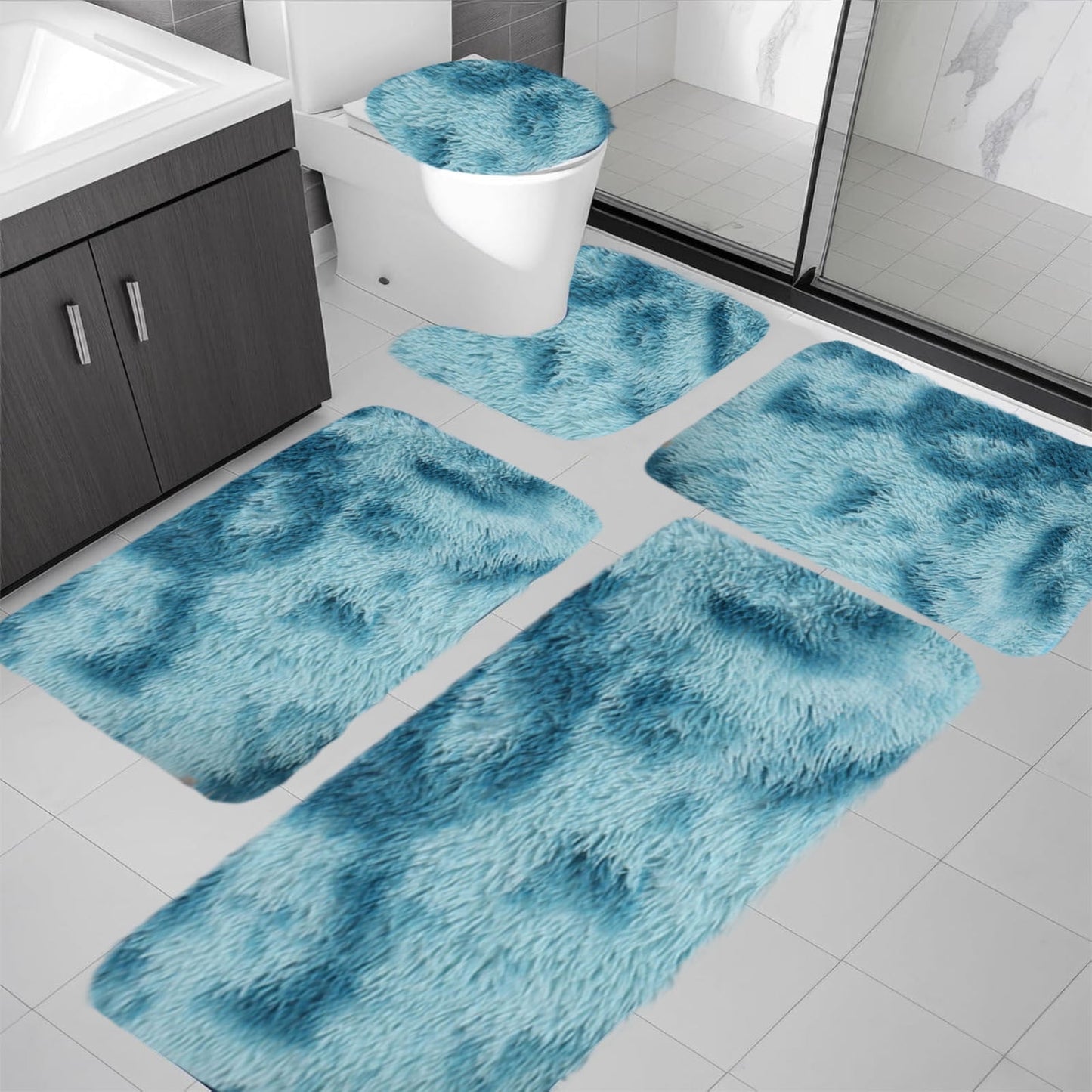 Tyidzon 5Pc Bath Mats for Bathroom, Quick-Dry Bathroom Rugs Sets Washable Non-Slip Bath Mat Ultra Soft Absorbent with U-Shaped Toilet for Bathroom, Tub, Shower, Gray 03-Blue