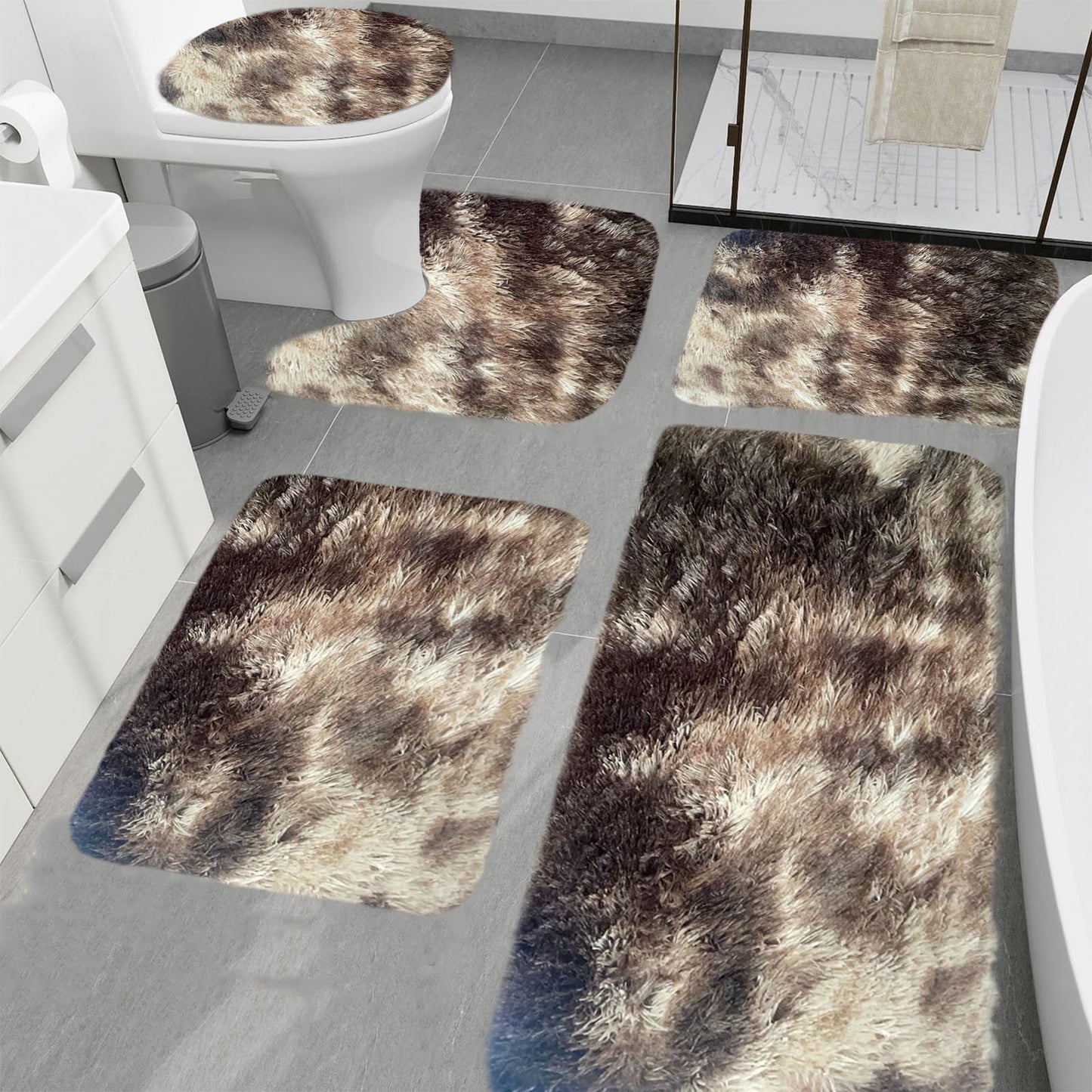 Tyidzon 5Pc Bath Mats for Bathroom, Quick-Dry Bathroom Rugs Sets Washable Non-Slip Bath Mat Ultra Soft Absorbent with U-Shaped Toilet for Bathroom, Tub, Shower, Gray 03-Brown