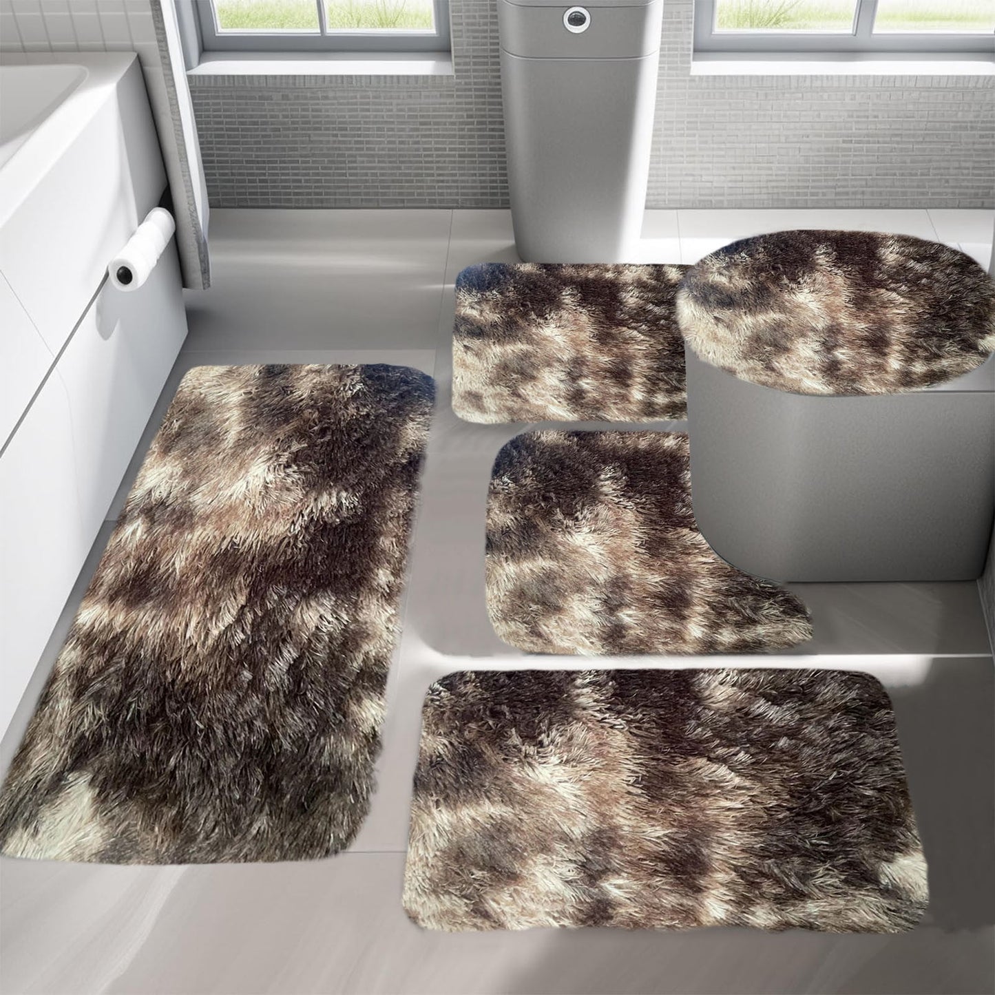 Tyidzon 5Pc Bath Mats for Bathroom, Quick-Dry Bathroom Rugs Sets Washable Non-Slip Bath Mat Ultra Soft Absorbent with U-Shaped Toilet for Bathroom, Tub, Shower, Gray 03-Brown