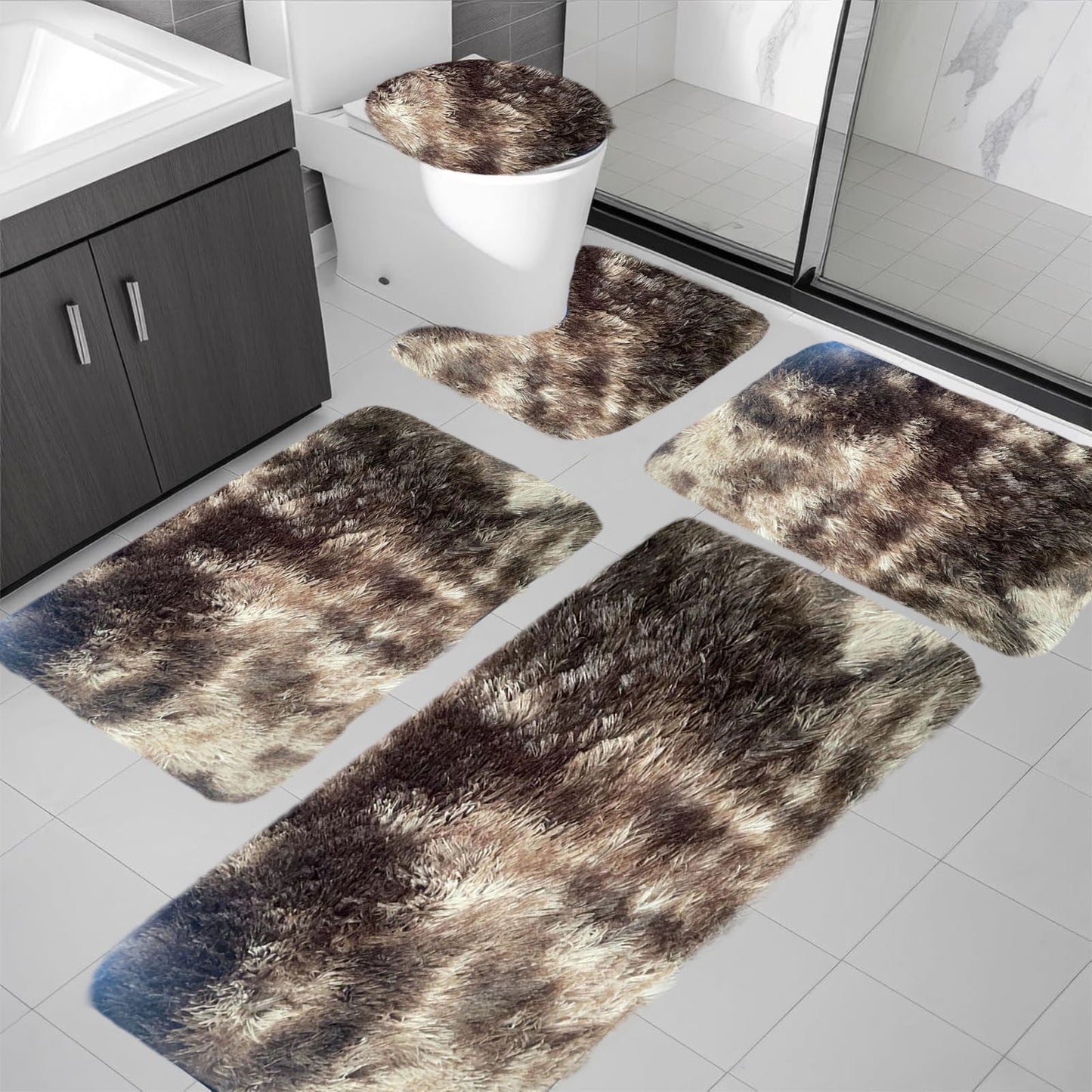 Tyidzon 5Pc Bath Mats for Bathroom, Quick-Dry Bathroom Rugs Sets Washable Non-Slip Bath Mat Ultra Soft Absorbent with U-Shaped Toilet for Bathroom, Tub, Shower, Gray 03-Brown