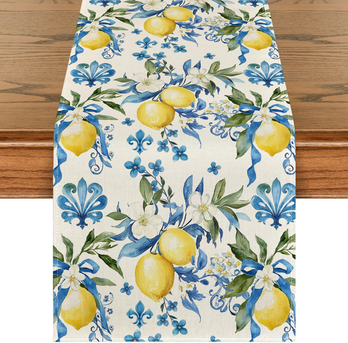 Blue Lemon Iris Summer Table Runner, Seasonal Spring Kitchen Dining Table Decor for Home Party Decor 13x72 Inch