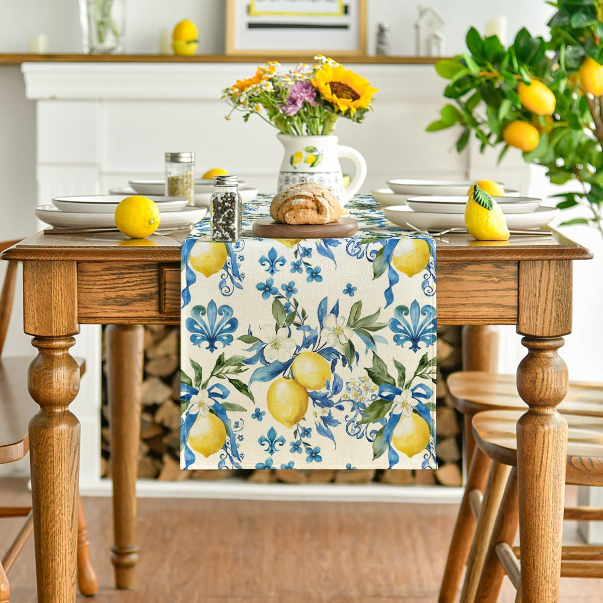 Blue Lemon Iris Summer Table Runner, Seasonal Spring Kitchen Dining Table Decor for Home Party Decor 13x72 Inch