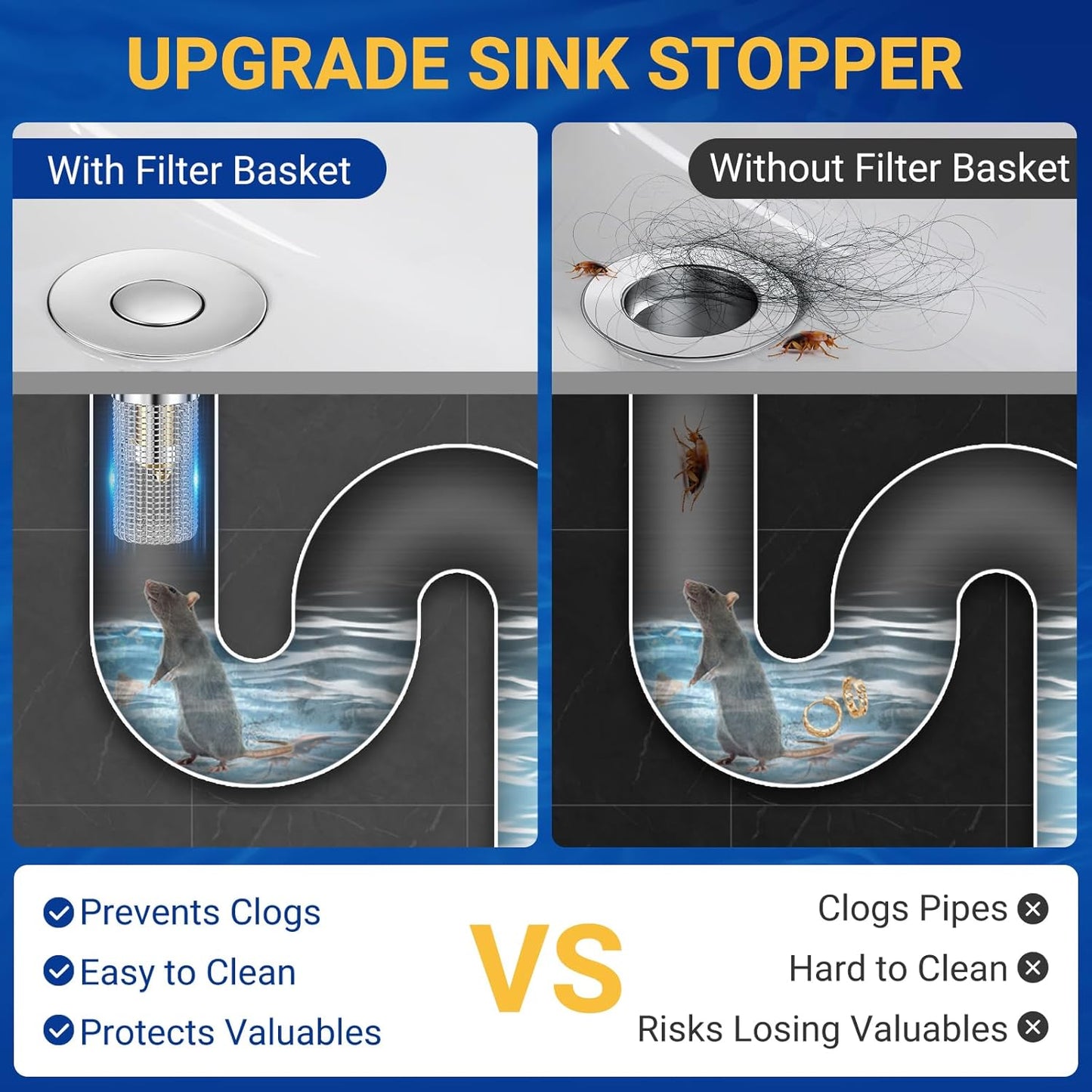 2PCS Bathroom Sink Stopper Strainer, Pop-Up Bathroom Sink Drain Strainer with Removable Stainless Steel Hair Catcher Basket, Universal Fit for US Bathroom Sinks, Bathtubs, Showers & Floor Drains