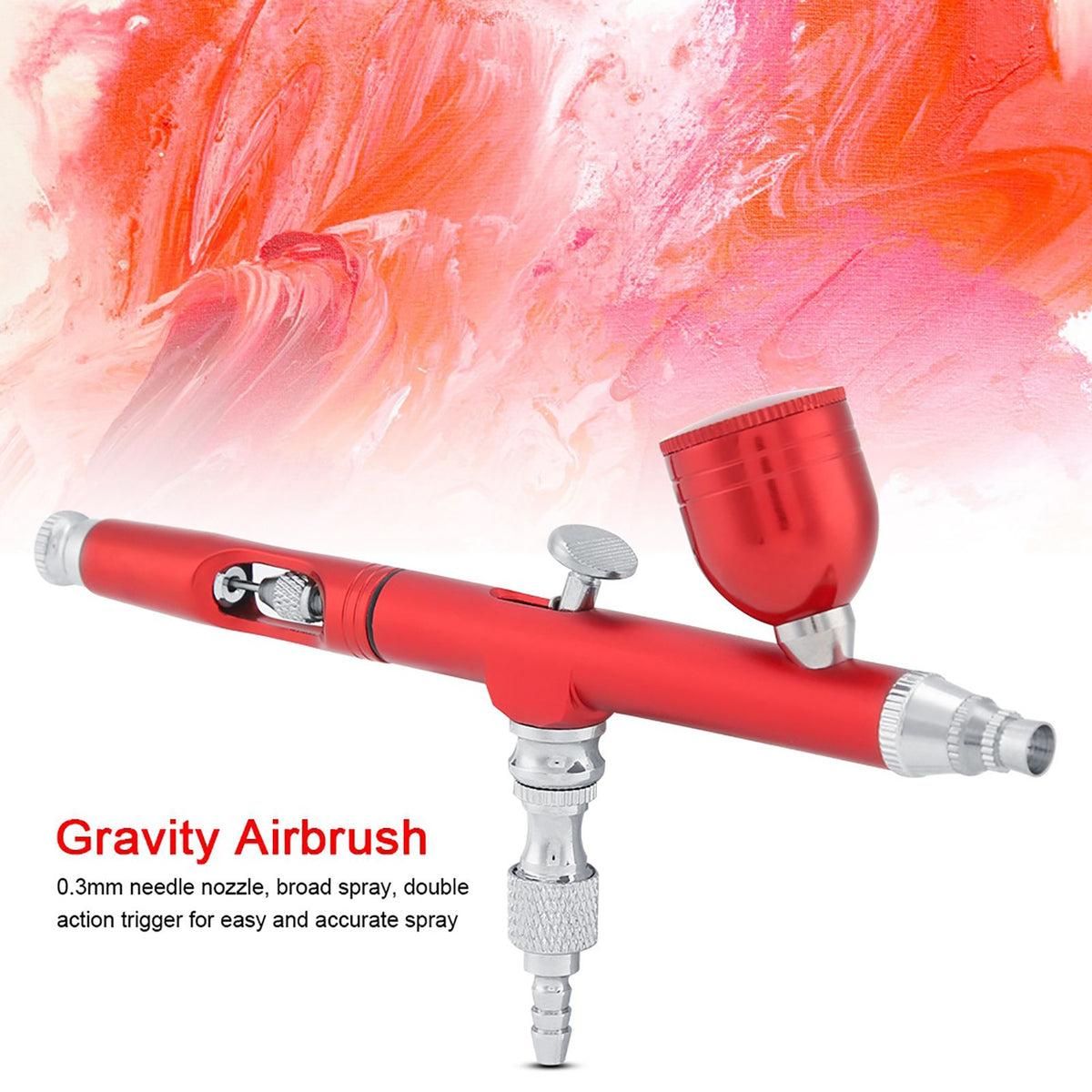 Dual Action Gravity Feed Airbrush Gun 0.3mm Spray Art Paint Tattoo Nail Tool Kit(Red)