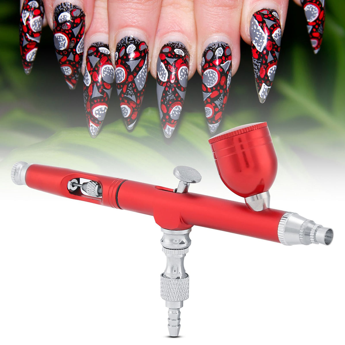 Dual Action Gravity Feed Airbrush Gun 0.3mm Spray Art Paint Tattoo Nail Tool Kit(Red)