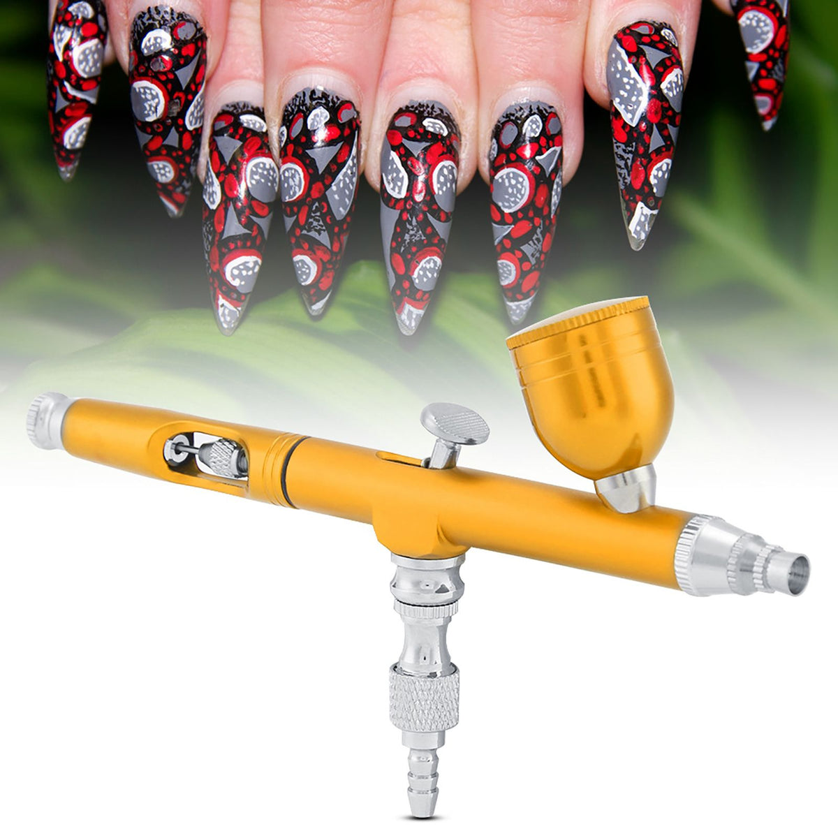 Dual Action Gravity Feed Airbrush Gun 0.3mm Spray Art Paint Tattoo Nail Tool Kit(Golden)